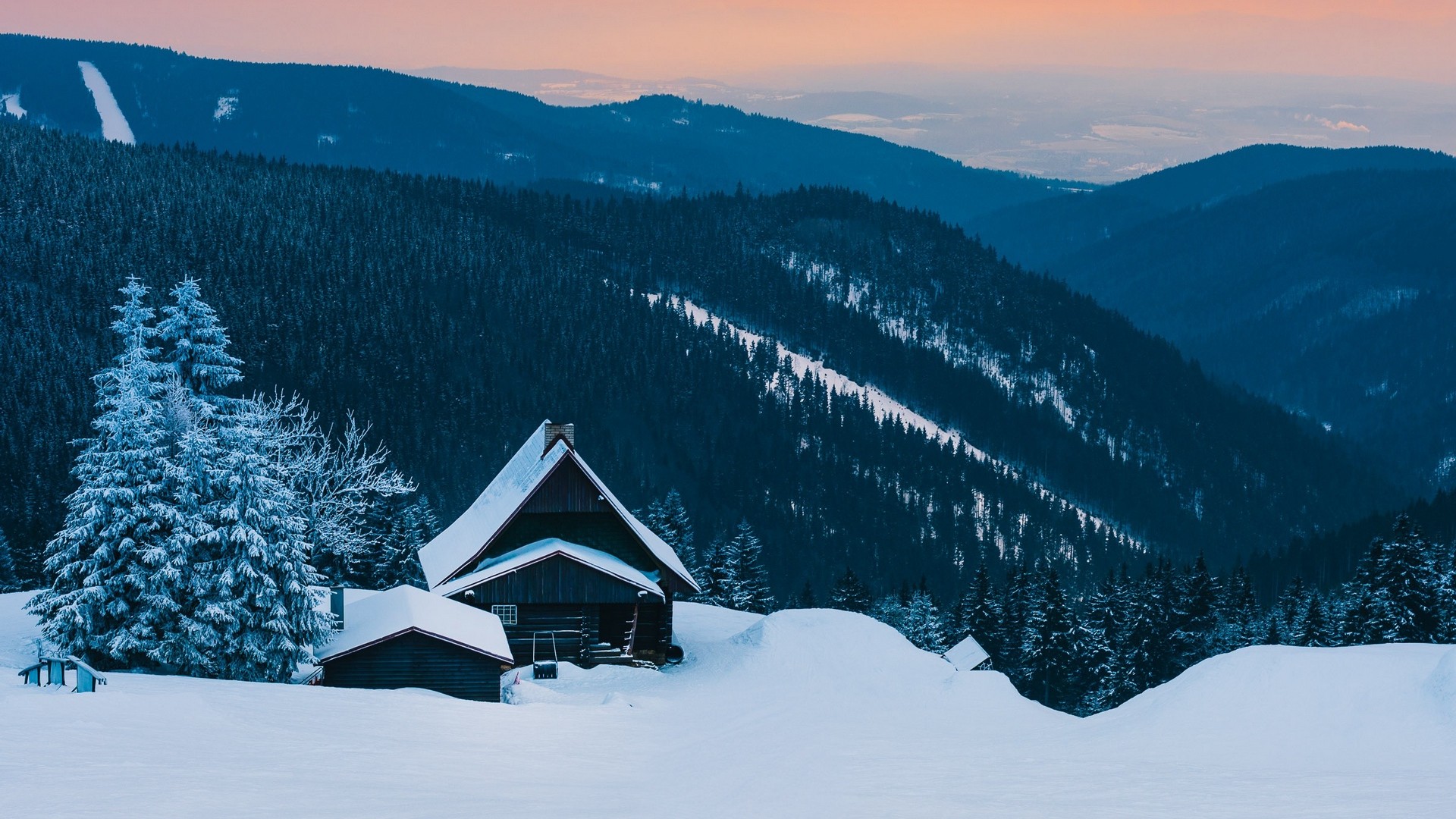 winter, hut, Alps. picture, photo