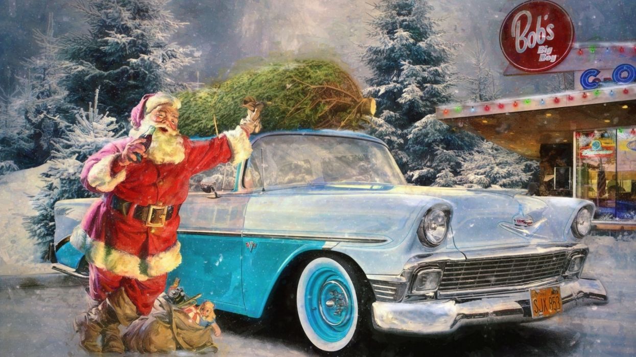 Winter Santa Claus car christmas spruce refueling cola advertising snow wallpaperx1080