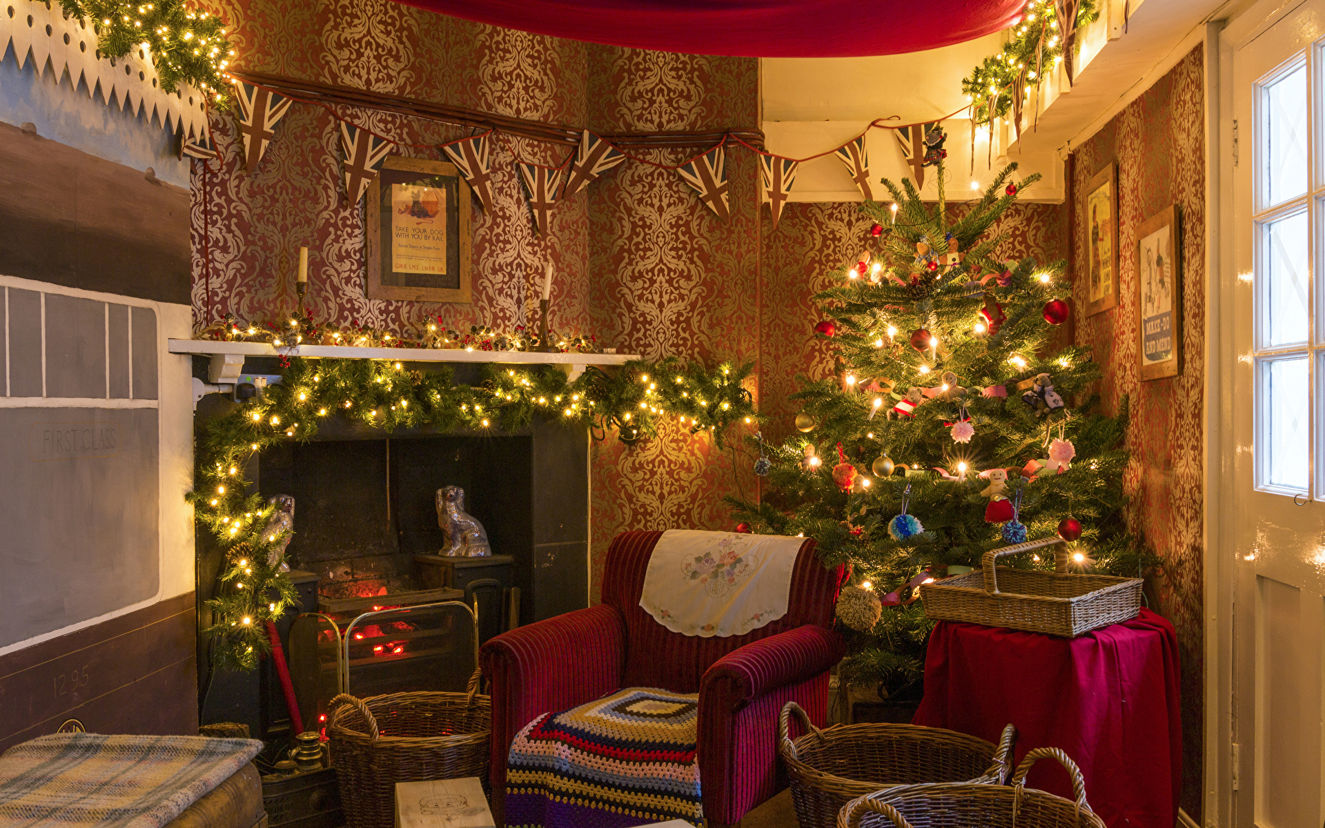 Wallpaper Christmas New Year tree Interior Fireplace 1920x1200