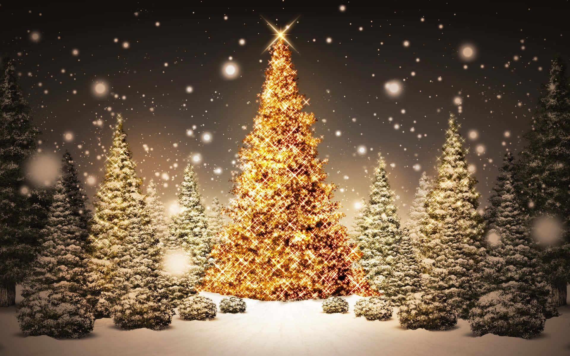 Download Mesmerizing 3D Christmas Scene with Snowy Trees and Glowing Ornaments Wallpaper