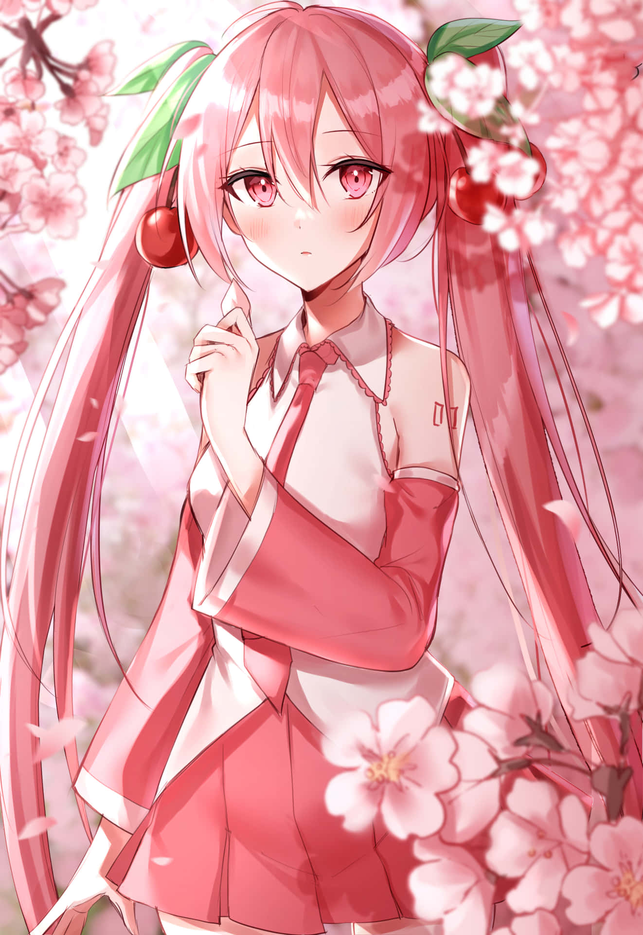 Download “A beautiful illustration of Sakura Miku looking up at cherry blossom petals floating in the air” Wallpaper