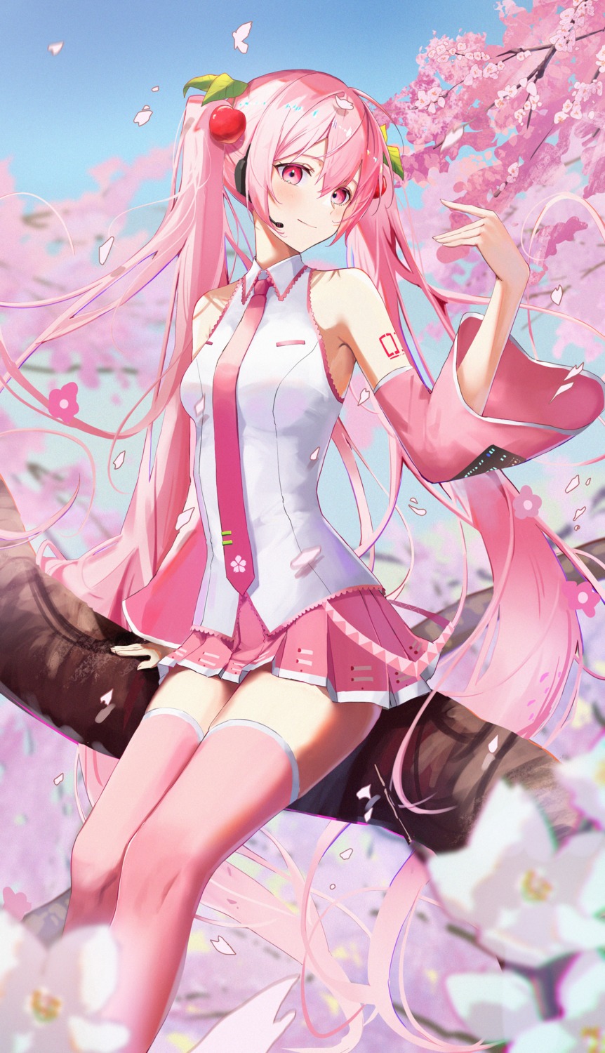 chamaru5963 vocaloid hatsune miku sakura miku headphones tattoo thighhighs