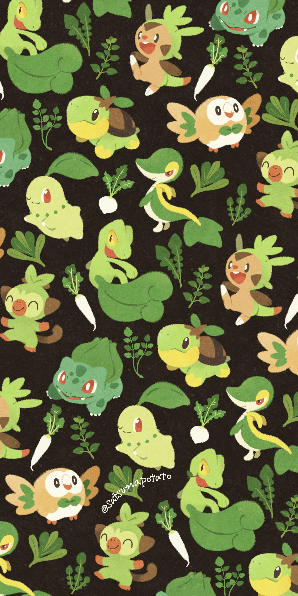 rowlet, bulbasaur, snivy, grookey, chikorita, and 3 more (pokemon) drawn