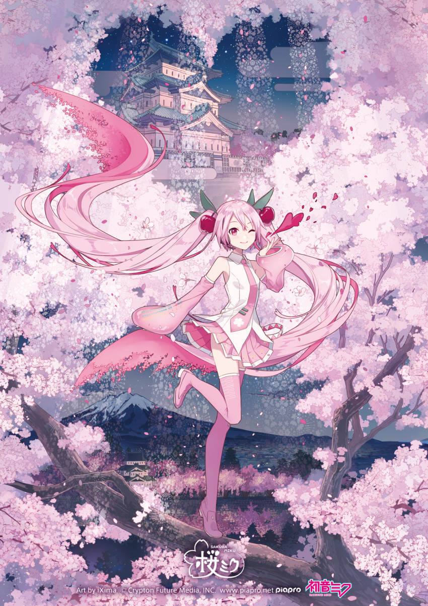 Ixima, Hatsune Miku, Sakura Miku, Crypton Future Media, Piapro, Vocaloid, Commentary, Highres, Official Art, Second Party Source, 1girl, Absurdly Long Hair, Aomori Prefecture, Architecture, Belt, Branch, Castle, Cherry Blossom Print, Cherry Blossoms