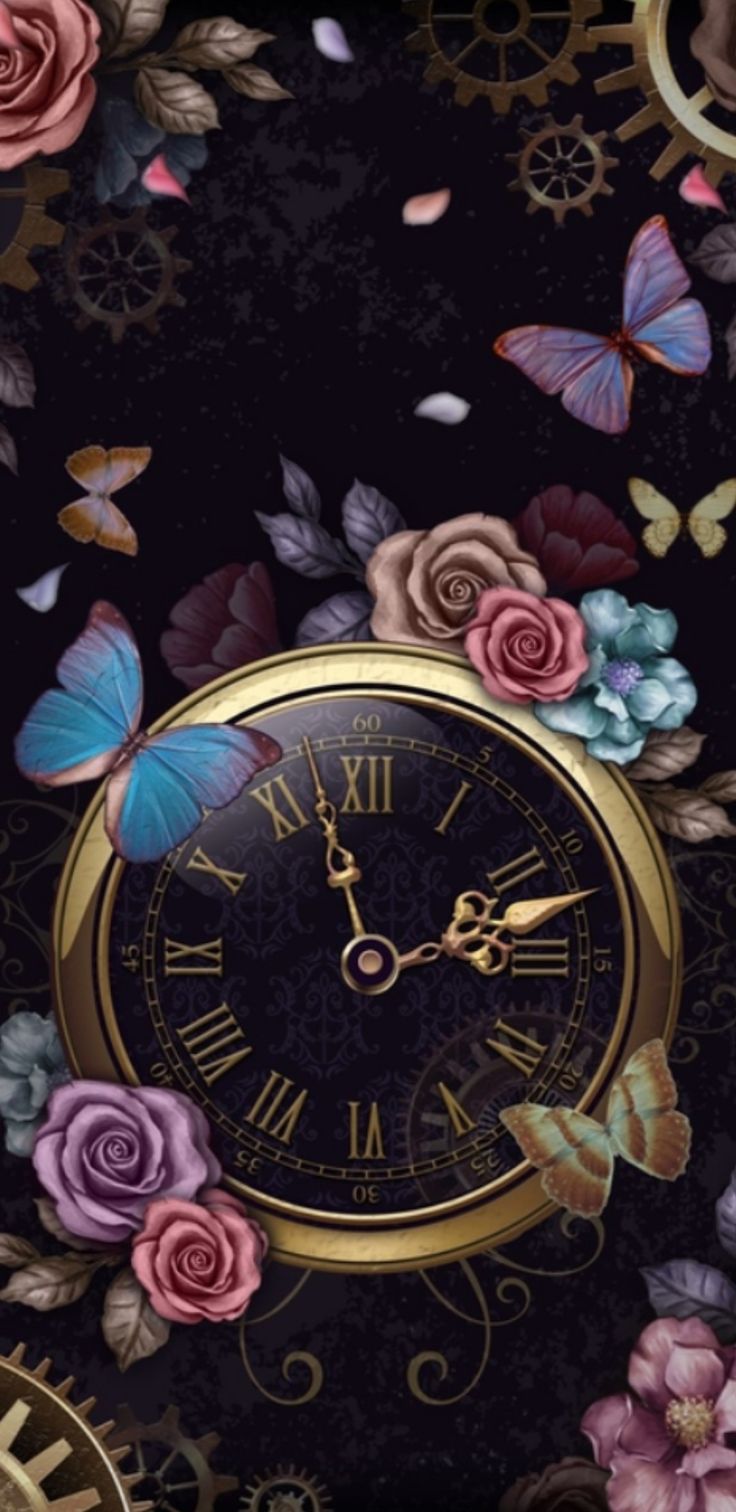 Wallpaper. By Artist Unknown. Clock wallpaper, Butterfly wallpaper, iPhone background wallpaper