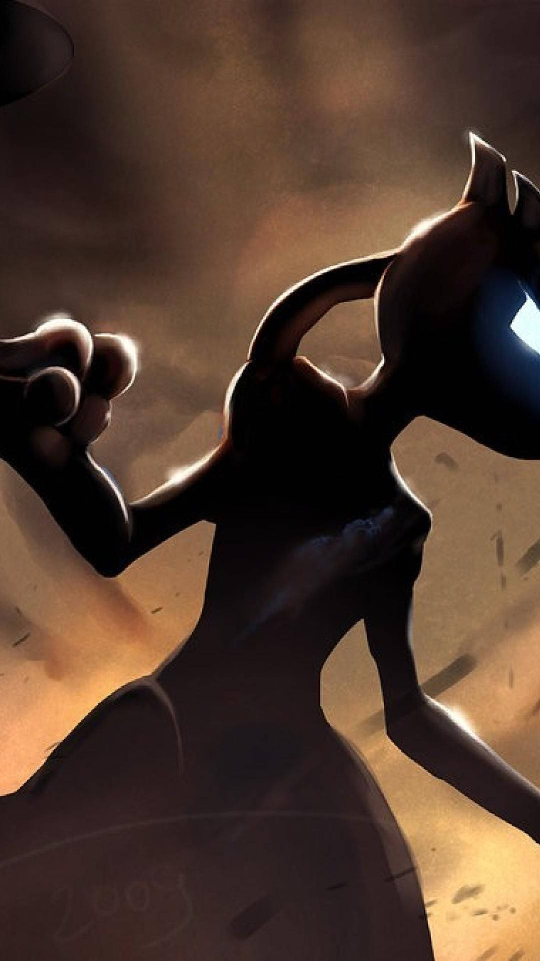 Download A silhouette of the legendary Pokémon Mewtwo in an electric lightning storm Wallpaper