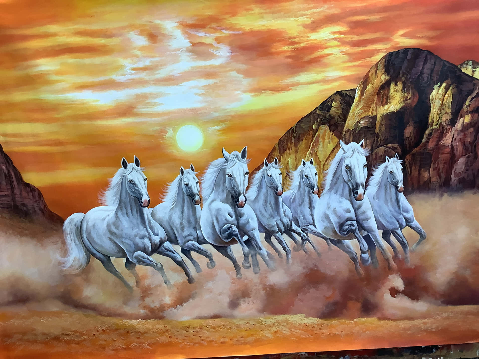 Download 7 White Horses Running Through Mountain Wallpaper