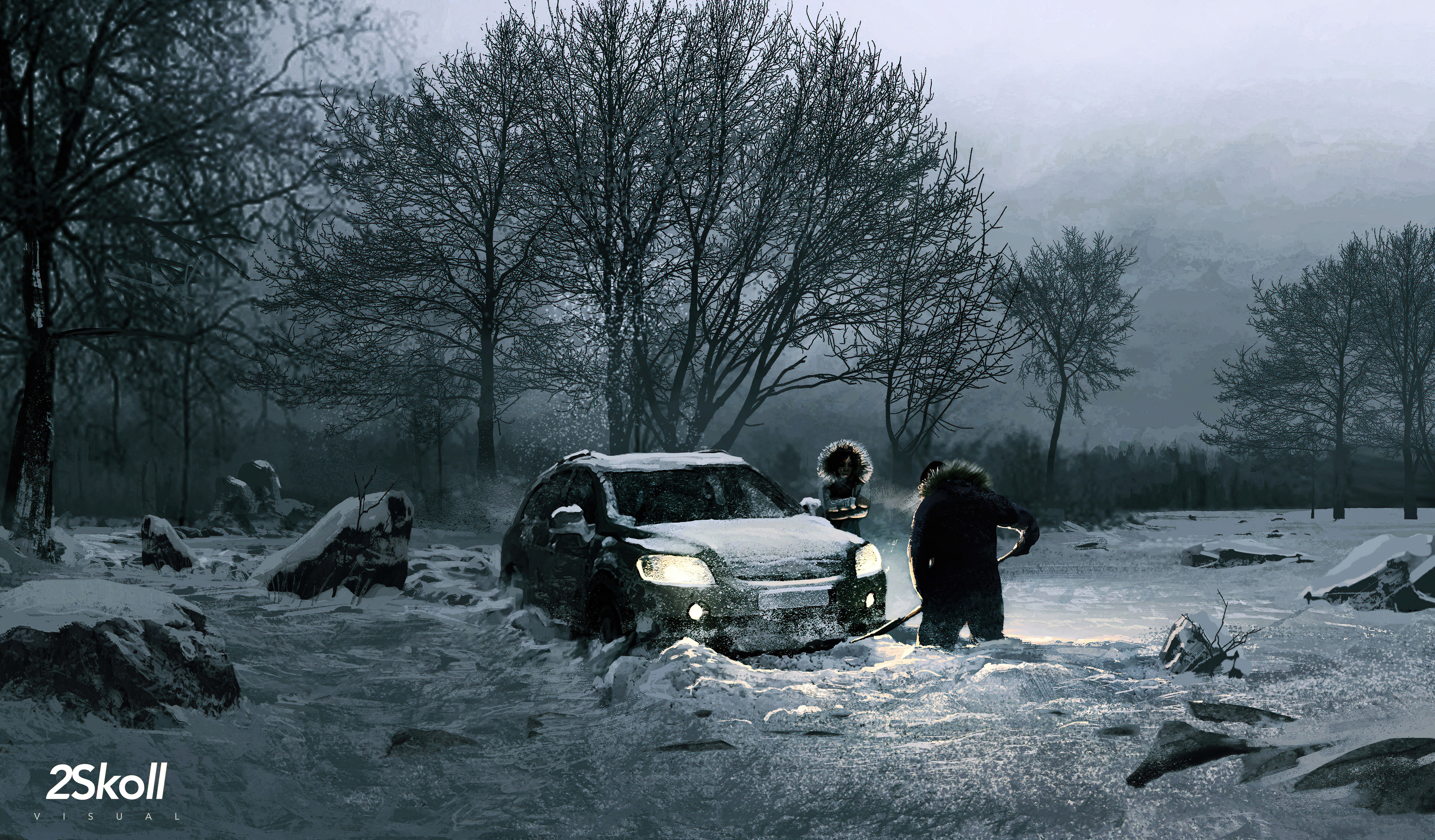 Download Night Snow Car Artistic Winter Winter Night 4k Ultra HD Wallpaper