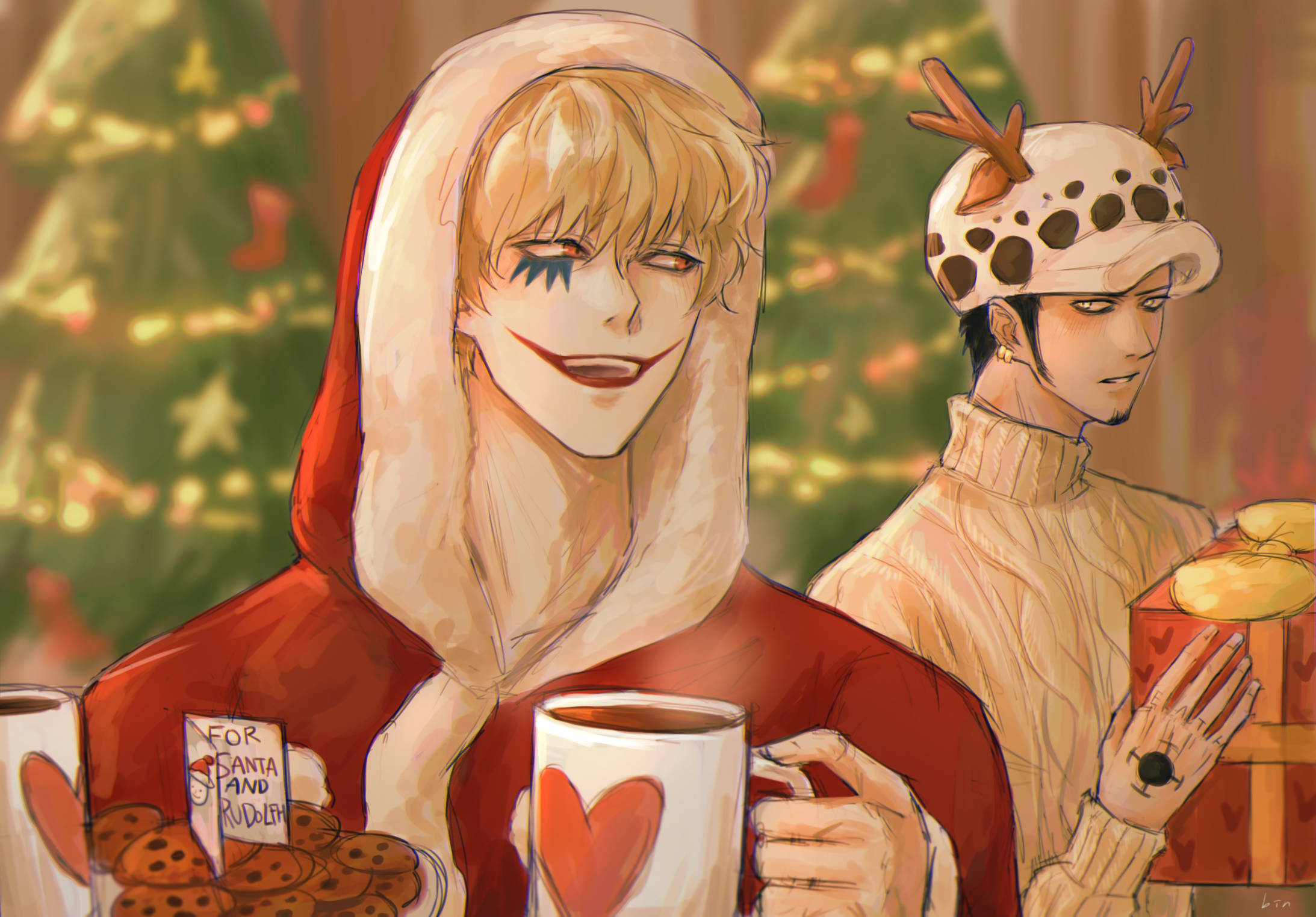 Download Christmas Corazon And Trafalgar Law One Piece Fanart Wallpaper