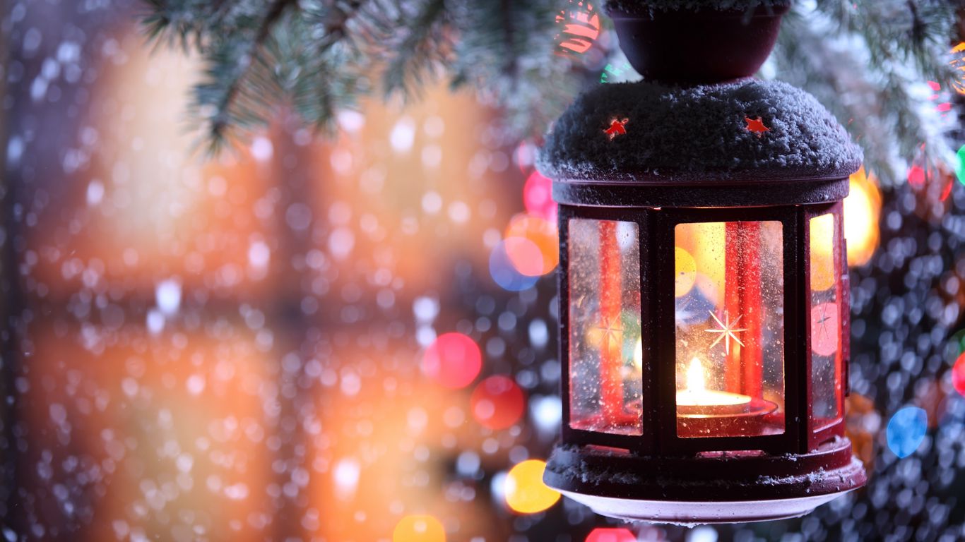 Download wallpaper 1366x768 candle, torch, branch, snow, winter, snowflakes, christmas tree tablet, laptop HD background