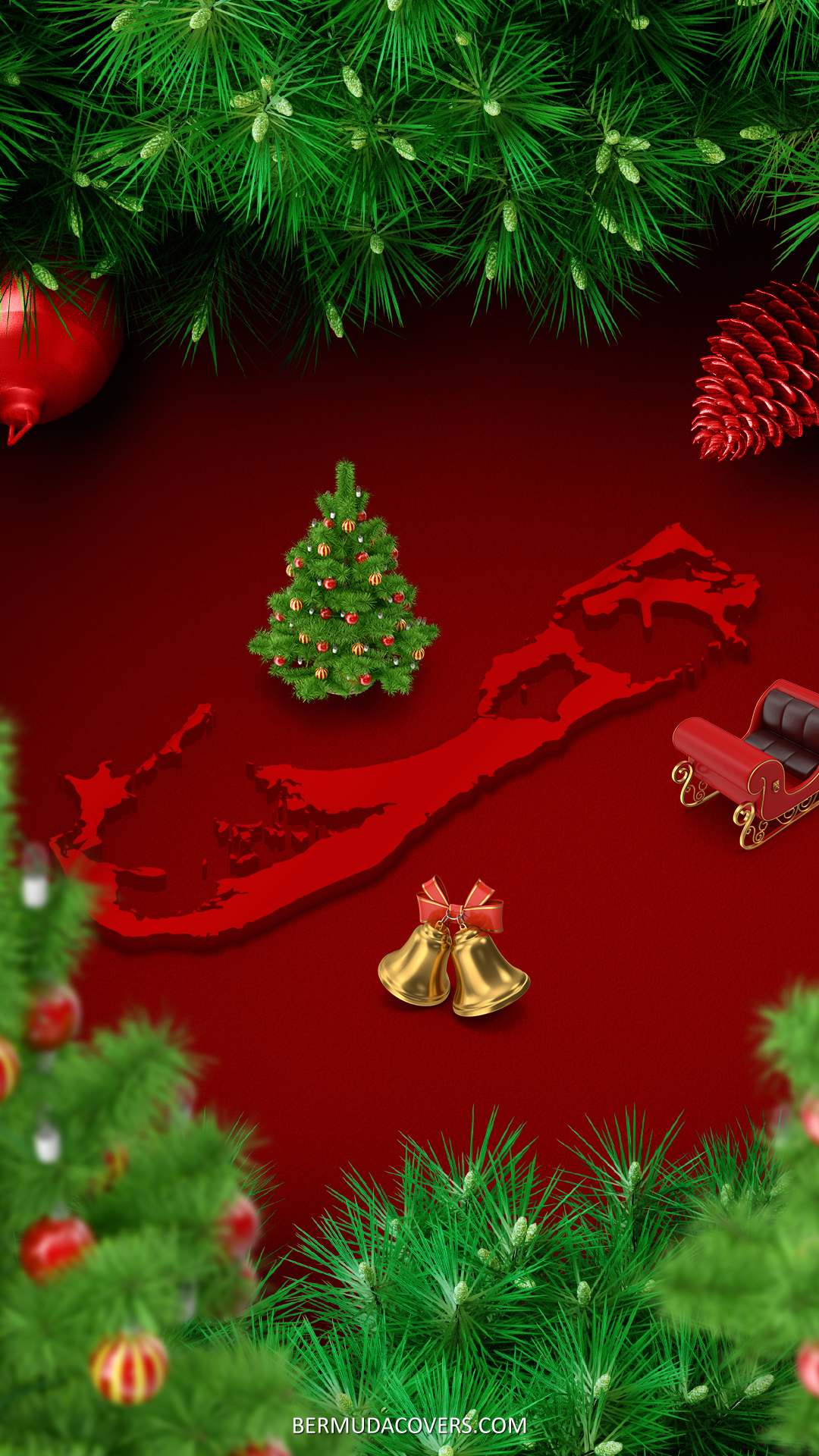 Green & Red Bermuda Outline Shape Christmas Holiday Themed Facebook Cover & Phone Wallpaper