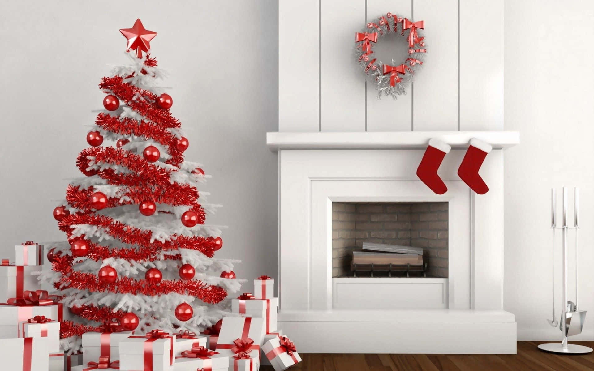 Download Red Ornaments White Christmas Tree Wallpaper