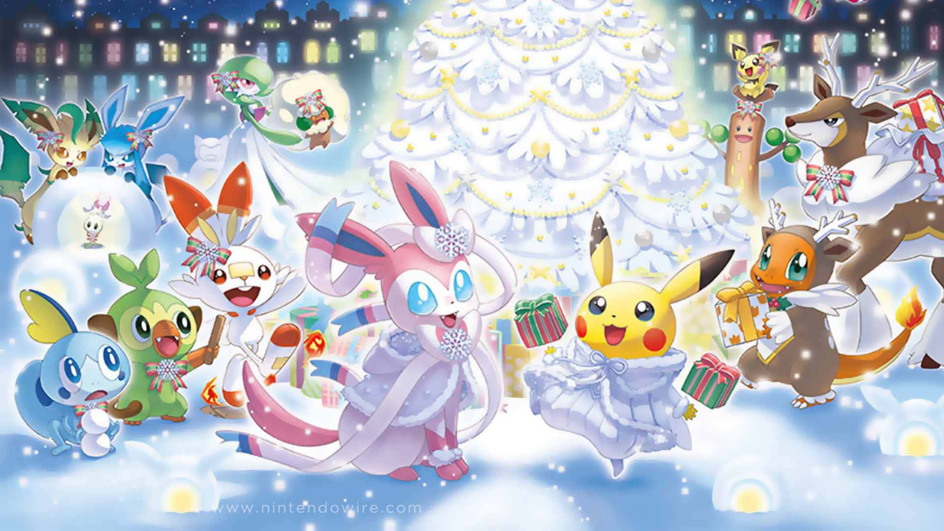 Download White Themed Pokémon Christmas Party Wallpaper