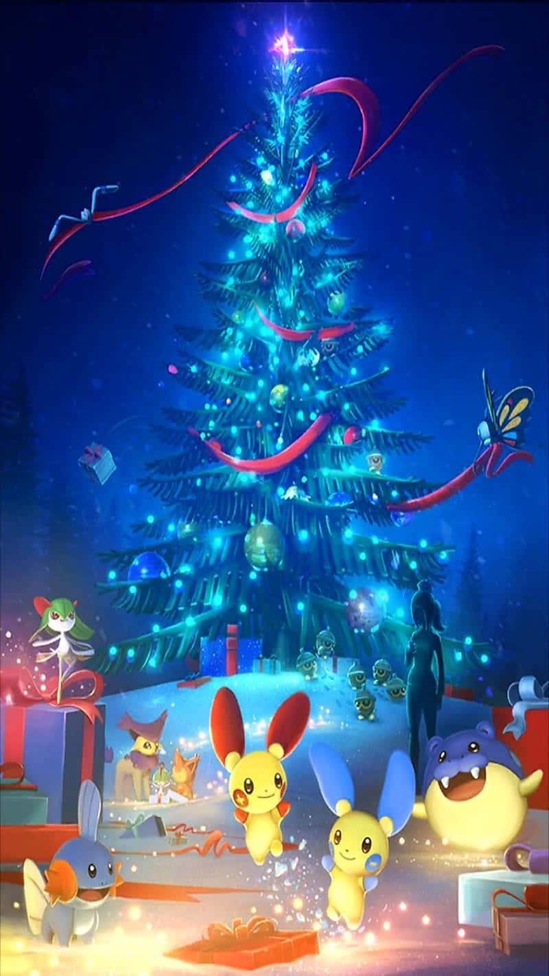 Download Blue Lighted Pokémon Christmas Tree Wallpaper