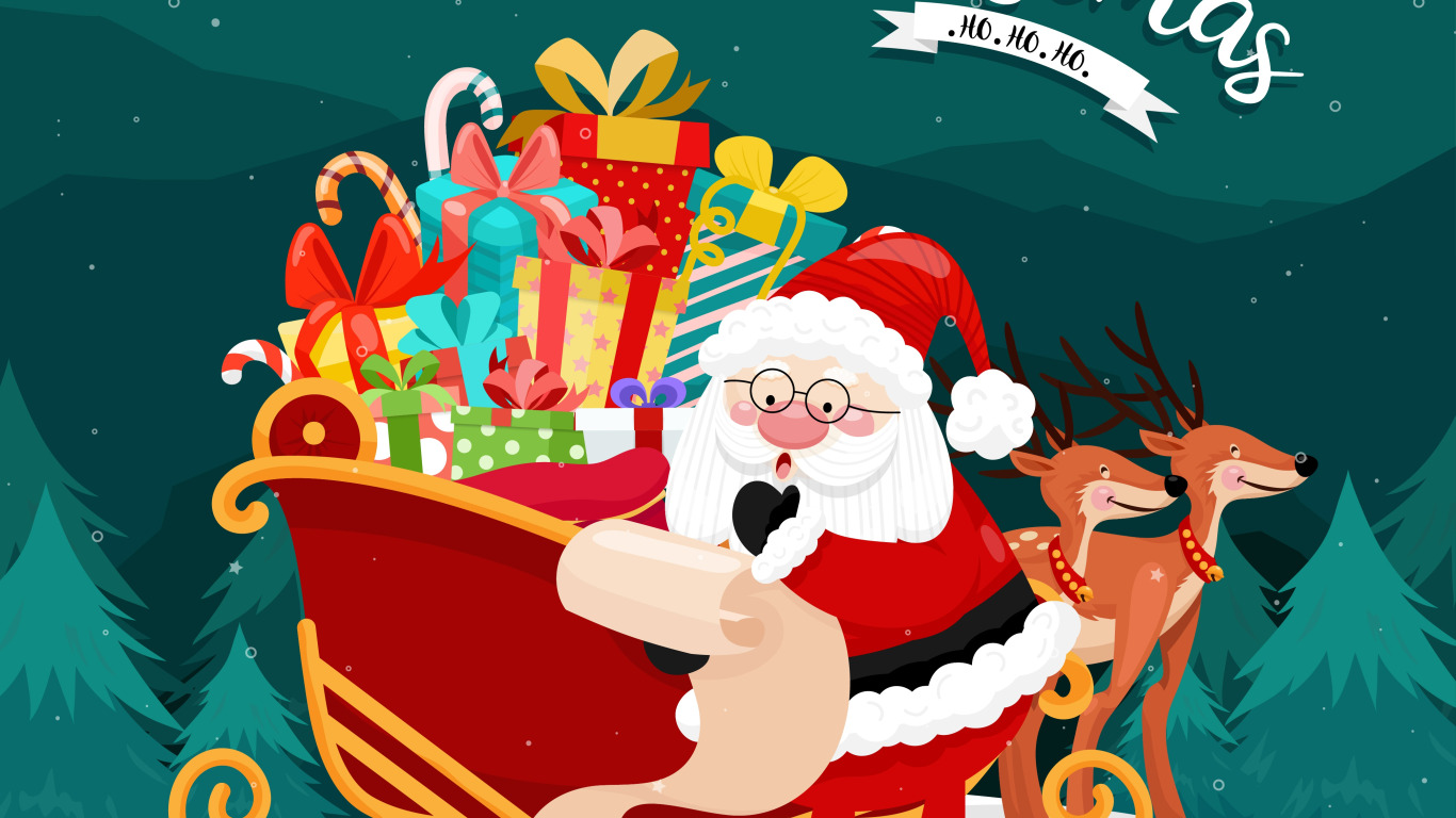 Download wallpaper Winter, Night, Snow, Christmas, New year, Santa Claus, Deer, Sleigh, section new year / christmas in resolution 1366x768