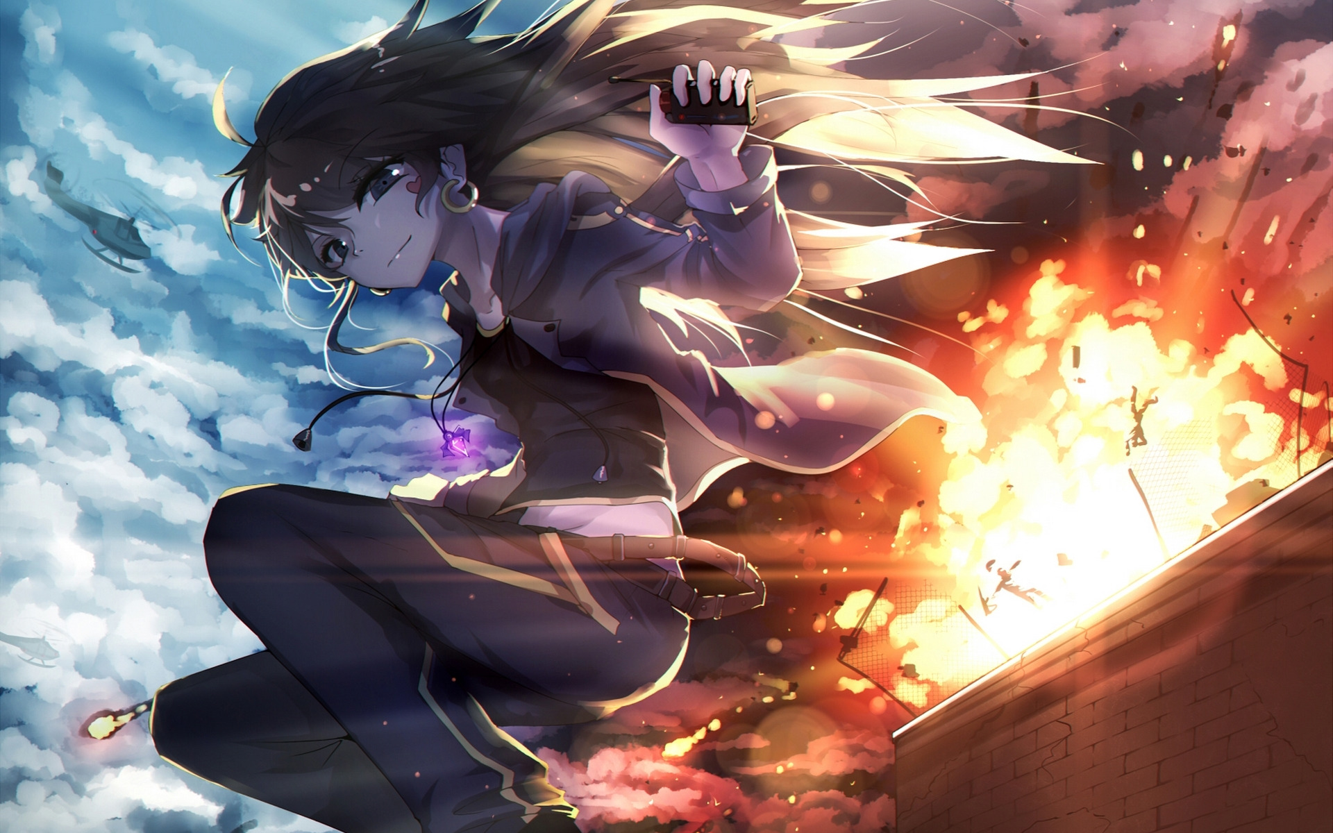 Download wallpaper the sky, girl, clouds, the explosion, smile, fire, anime, art, section other in resolution 1920x1200