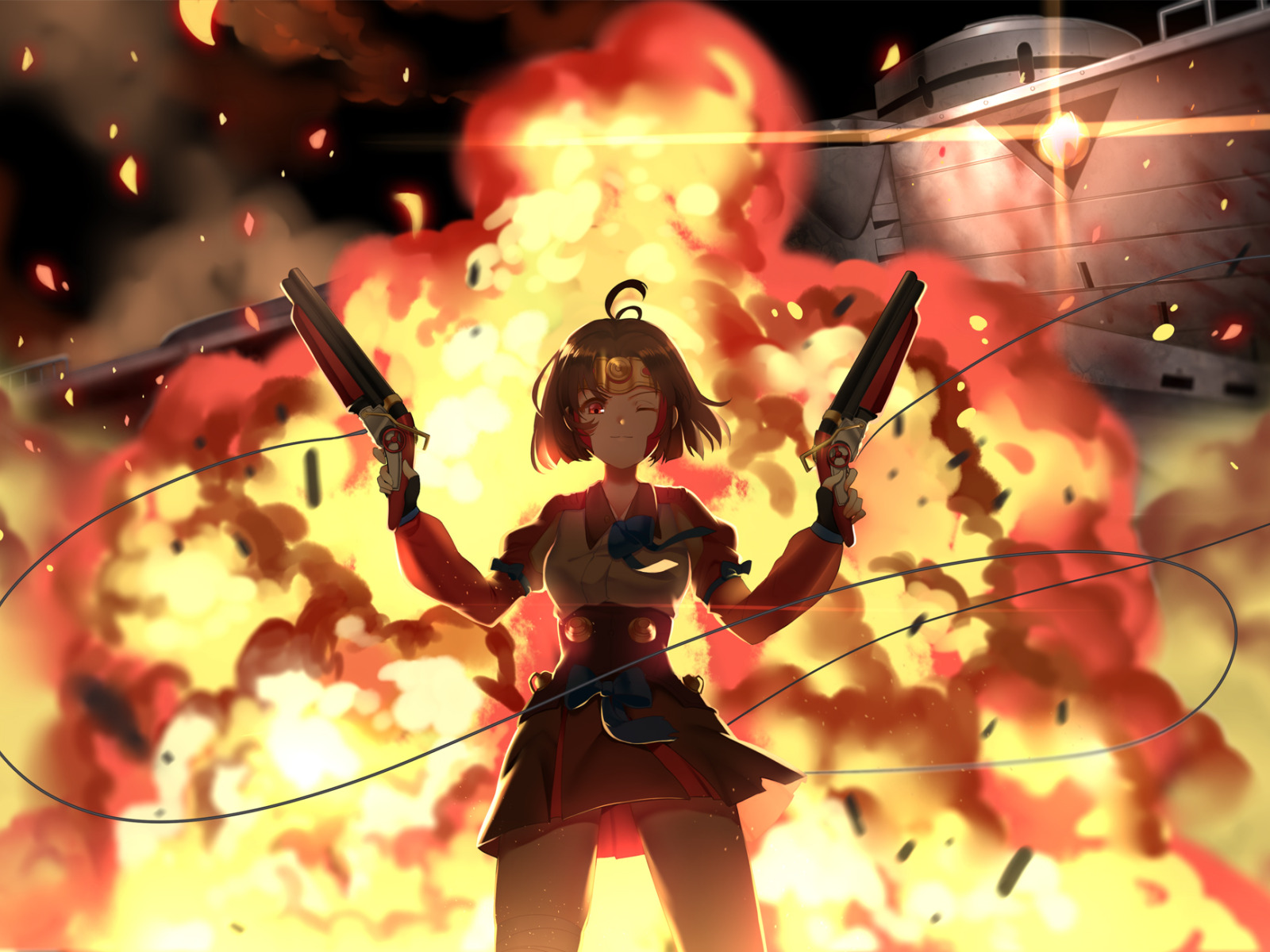Download wallpaper girl, weapons, fire, guns, explosions, anime, art, greetload, section seinen in resolution 1600x1200