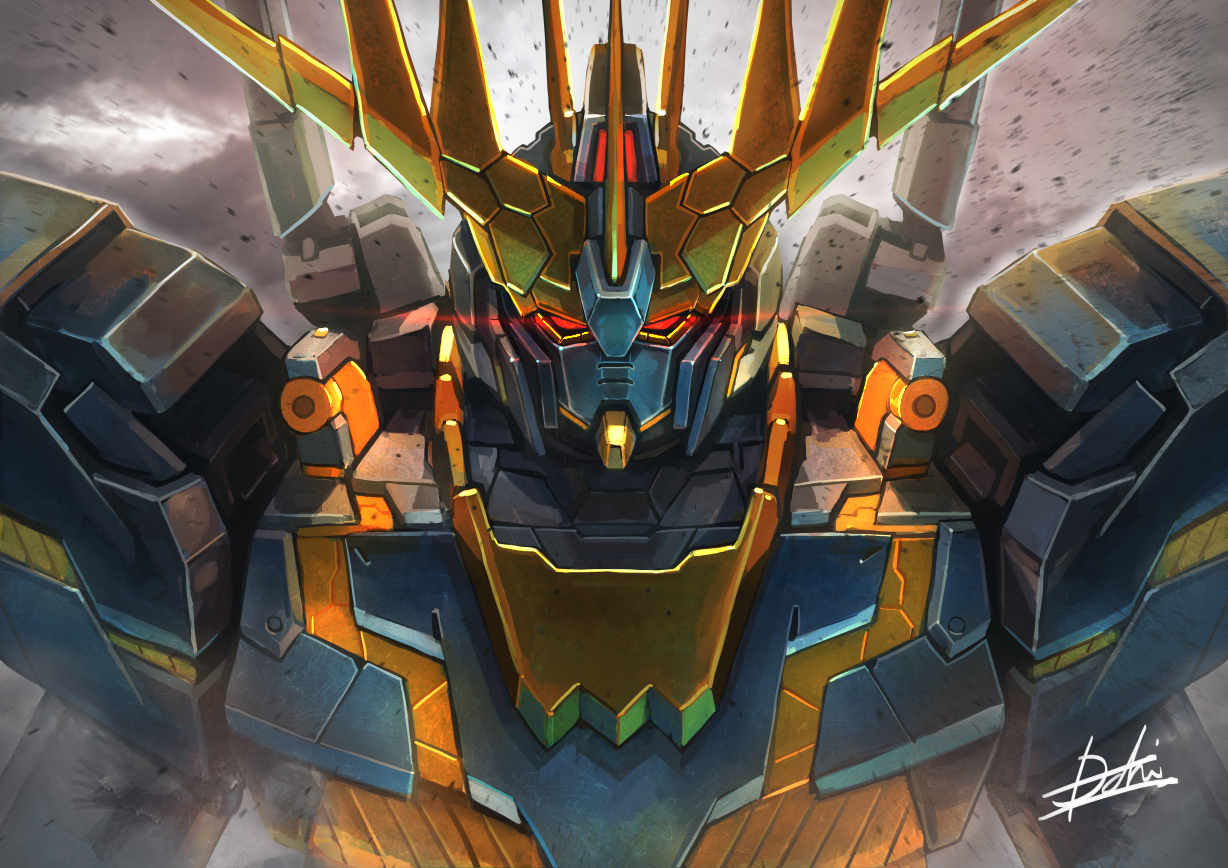 Hukutuuprunes, Unicorn Gundam Banshee, Gundam, Gundam Unicorn, Glowing, Glowing Eyes, Green Eyes, Looking At Viewer, Mecha, Mobile Suit, No Humans, Nt D, Portrait, Red Eyes, Robot, Science Fiction, Solo, V Fin View