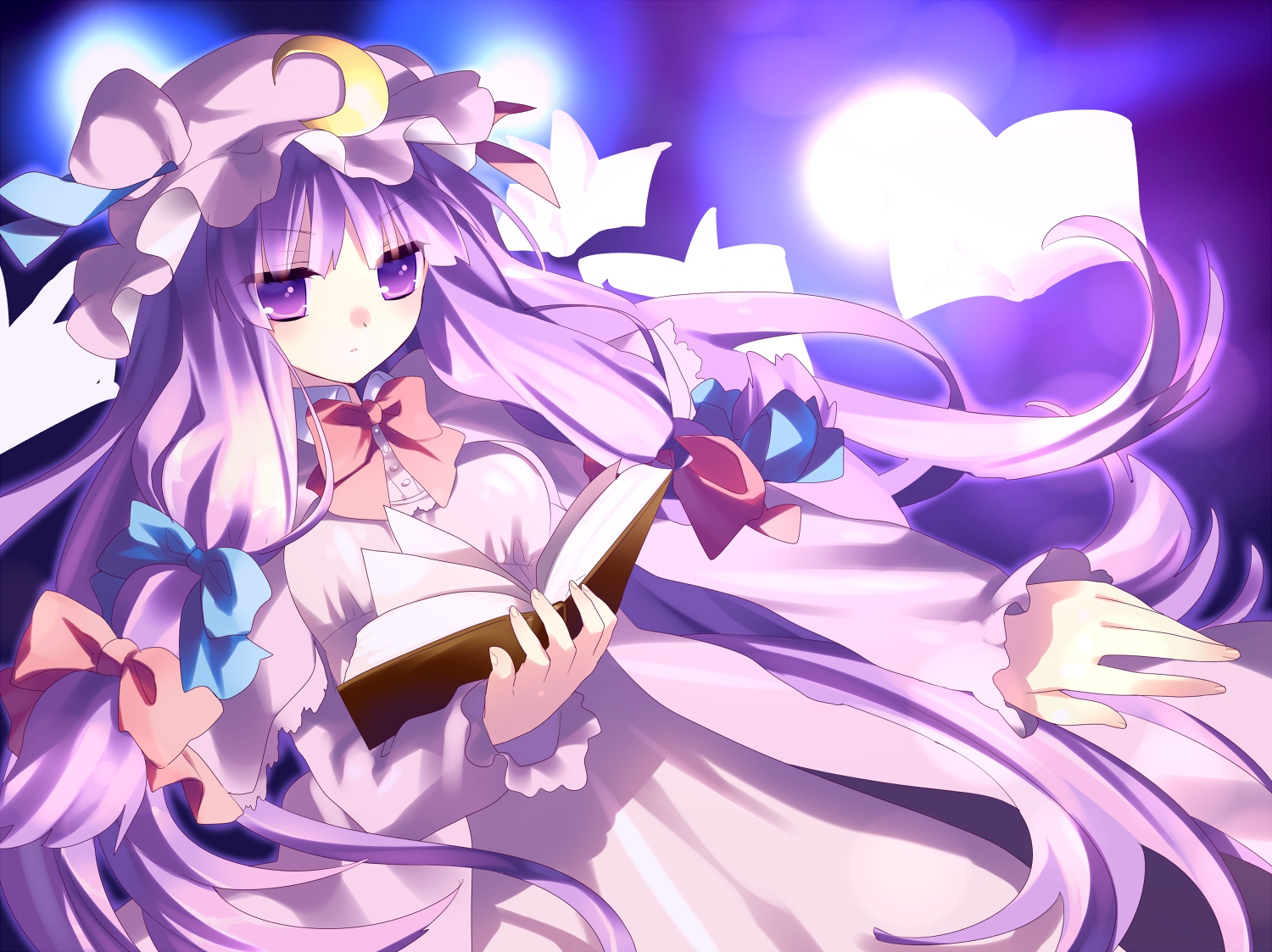 Book dress hat long hair patchouli knowledge purple eyes purple hair ribbons touhou wallpaperx1123