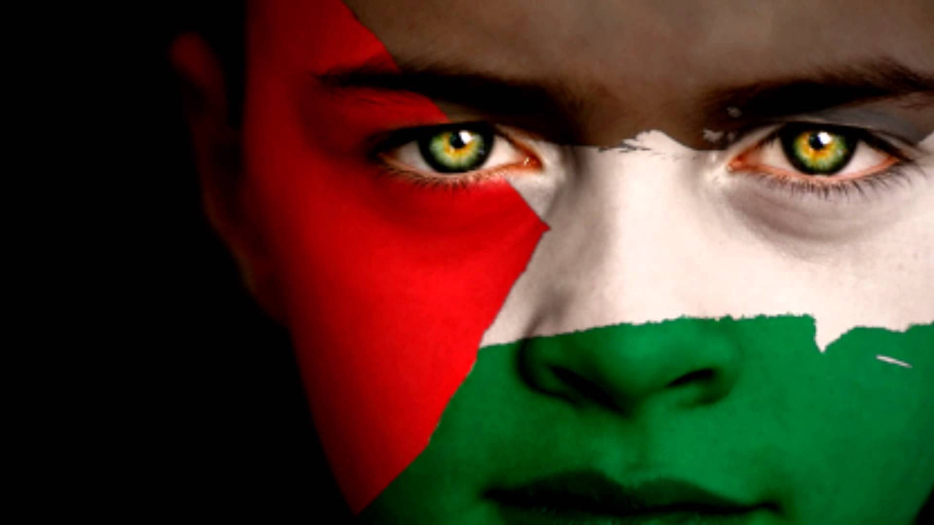Download Passionate Supporter with Painted Palestine Flag on Face Wallpaper