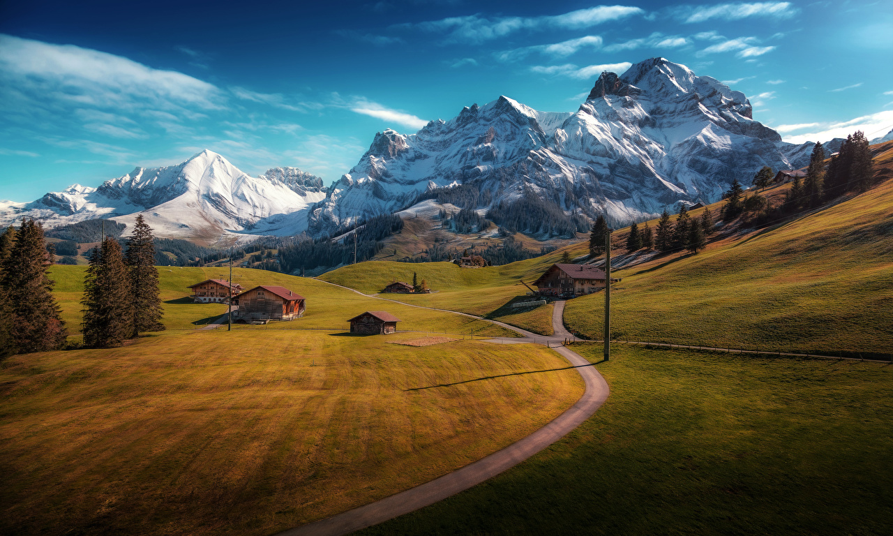 Desktop Wallpaper Alps Switzerland Adelboden Nature Mountains Roads