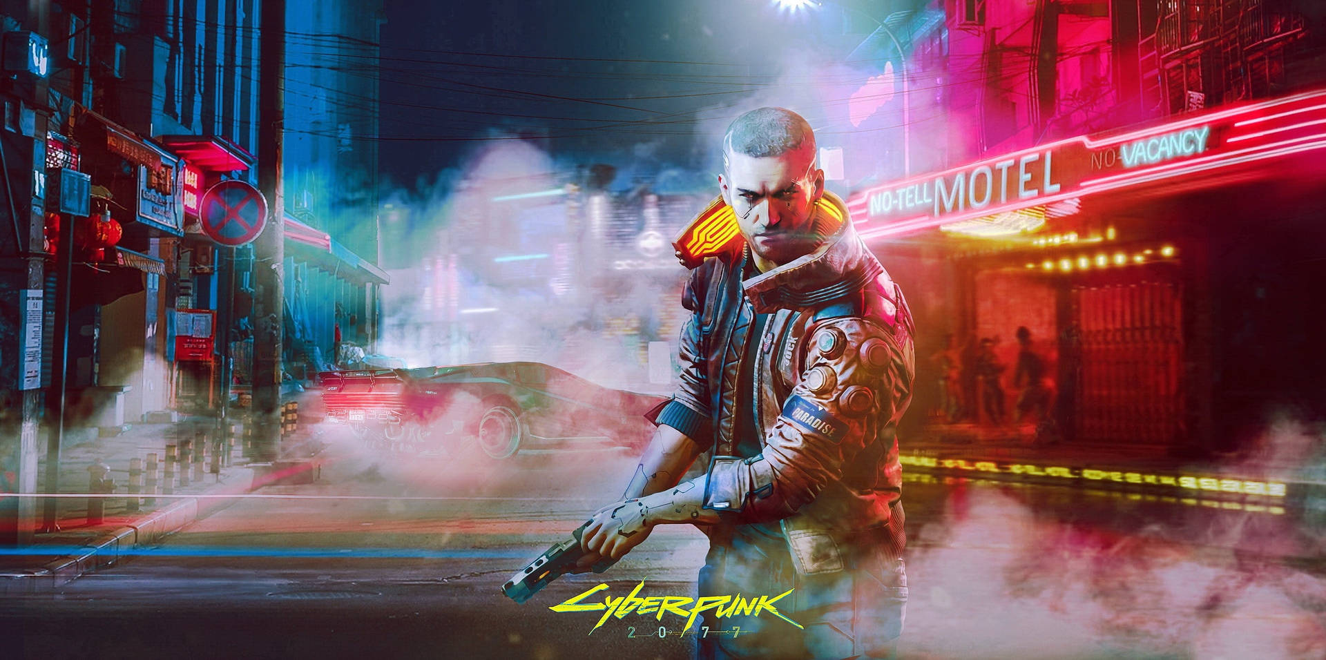 Download Ultrawide Cyberpunk Bald Man With Gun Wallpaper