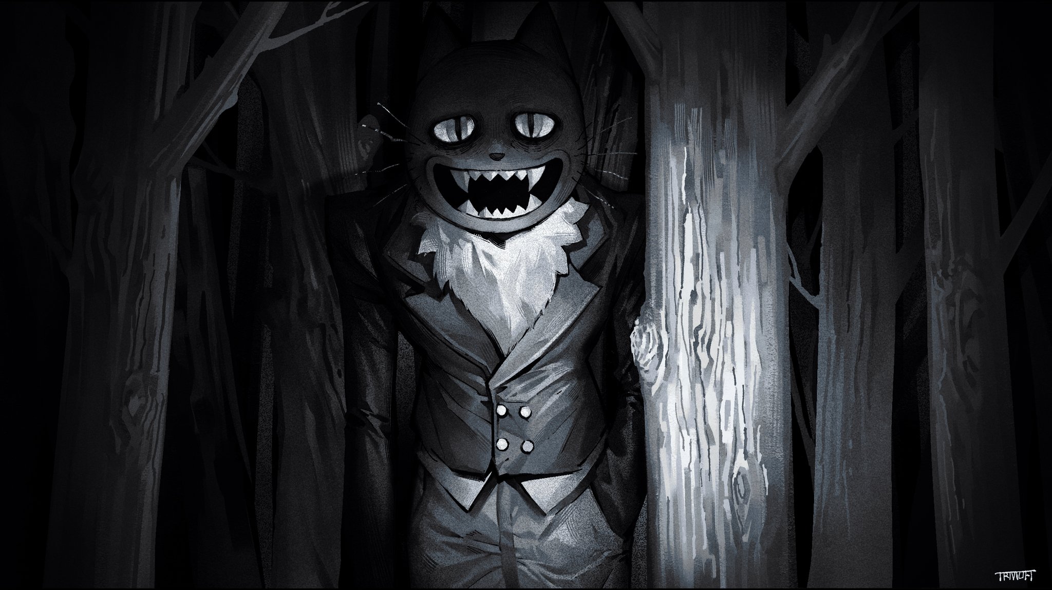 Pocketcat (fear & Hunger), Fear & Hunger, Fear & Hunger 2: Termina, Highres, 1boy, Artist Name, Buttons, Cat Mask, Coat, Cowboy Shot, Dark, Double Breasted, Forest, Fur Trim, Greyscale, Hand In Pocket, Hanstrmoft