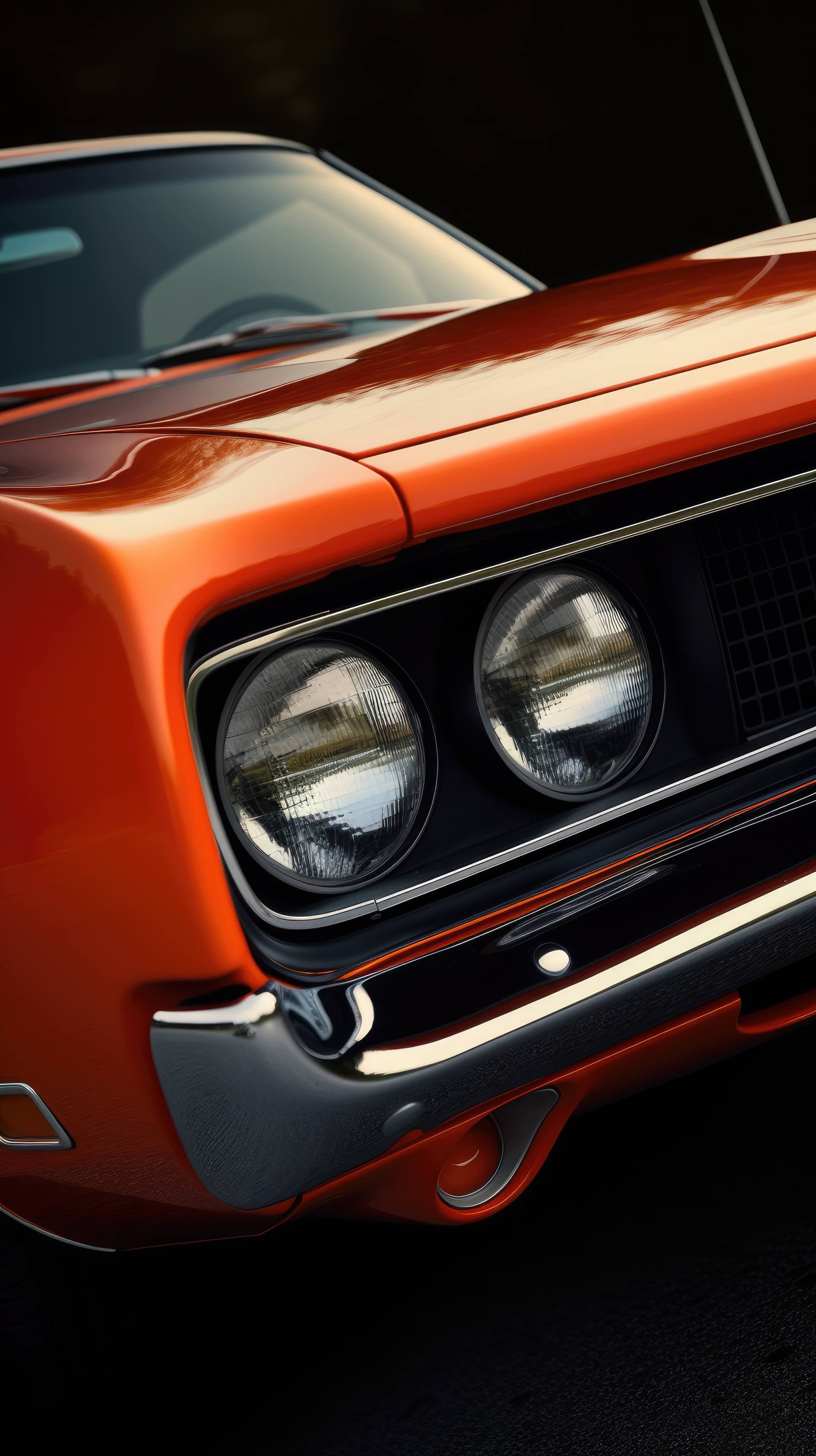 A Classic 1970 Dodge Charger In Bright Orange, Captured In A Dramatic Close Up Shot That Highlights Its Powerful Engine And Bold, Muscular Lines