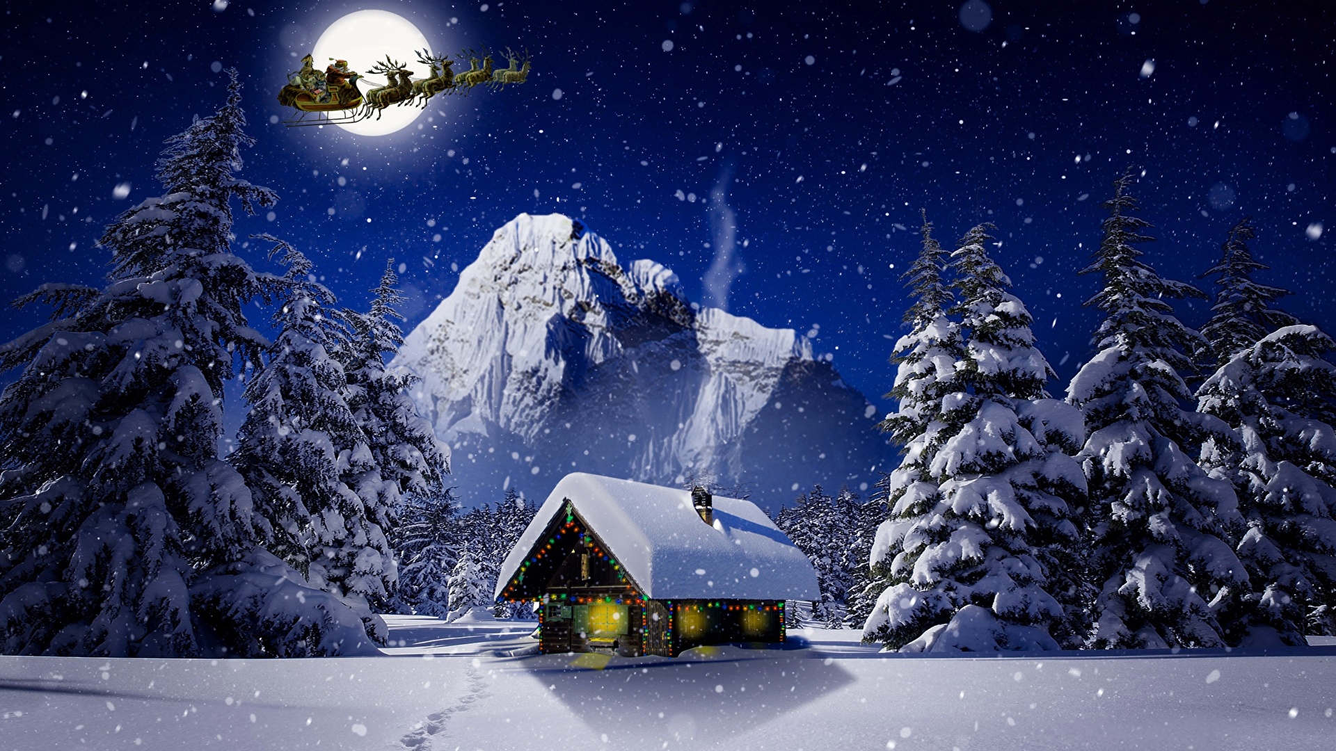 image Deer Christmas sleigh Winter Nature Snow Moon night 1920x1080