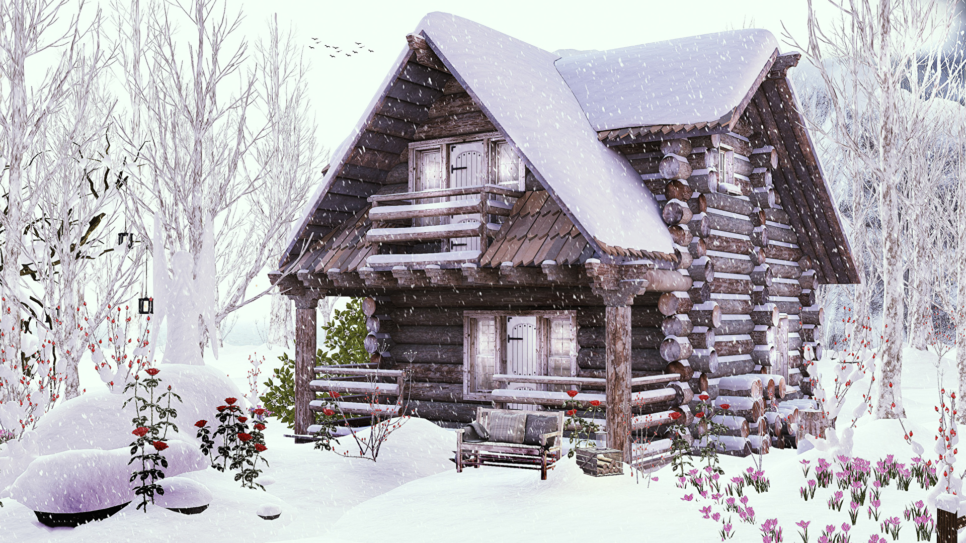 Wallpaper Winter Wood log 3D Graphics Snow from wood 1920x1080