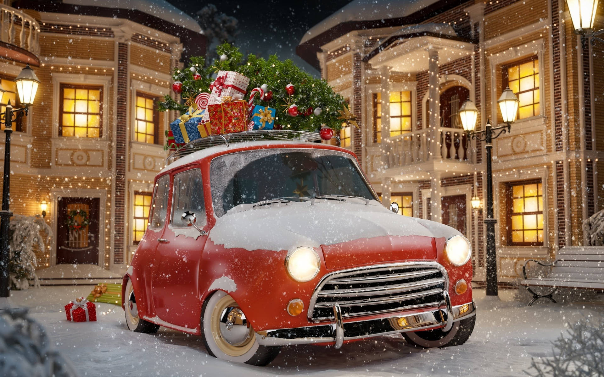 Download Beautiful Christmas Car With Snow Wallpaper