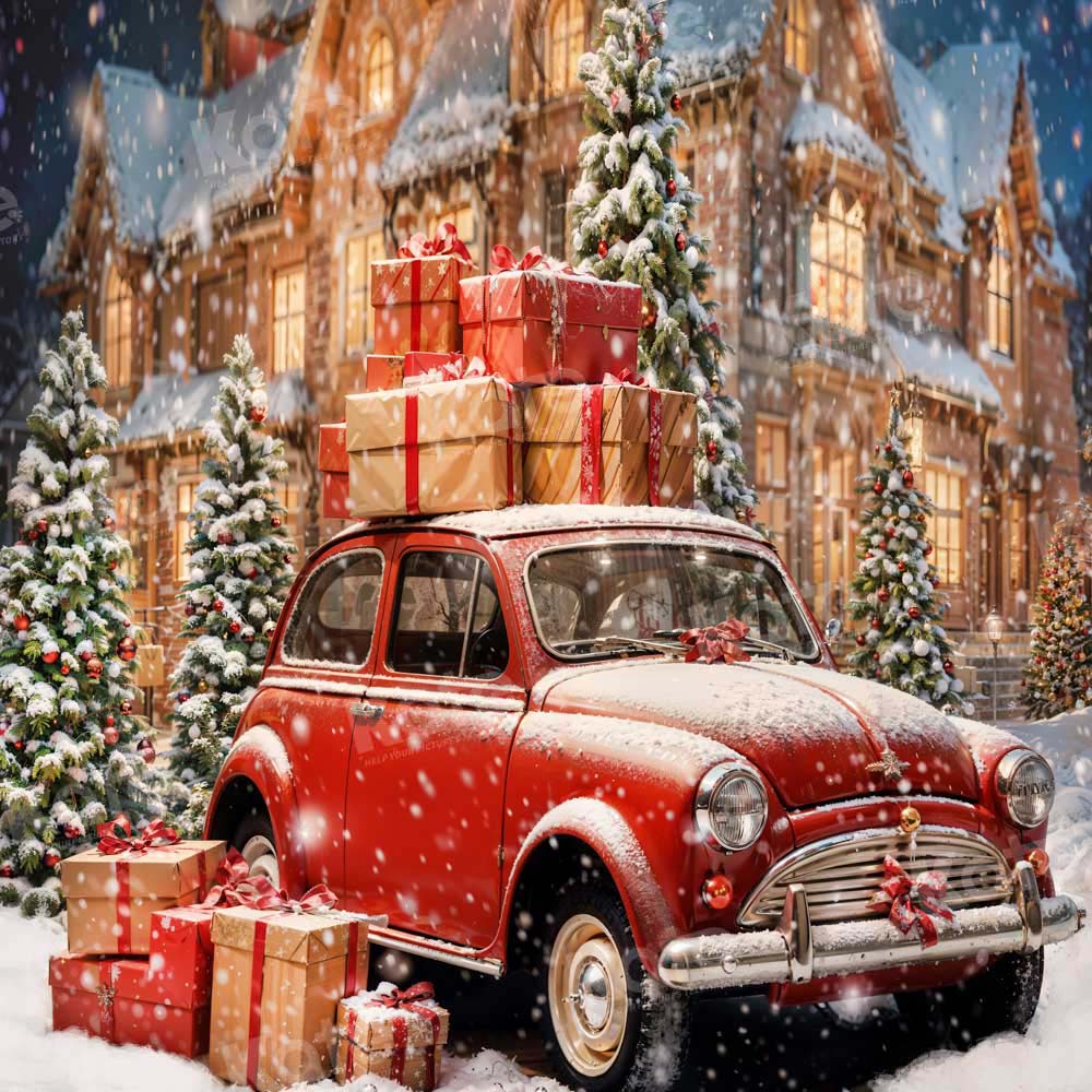 Kate Christmas Red Gift Car Snowy House Backdrop Designed