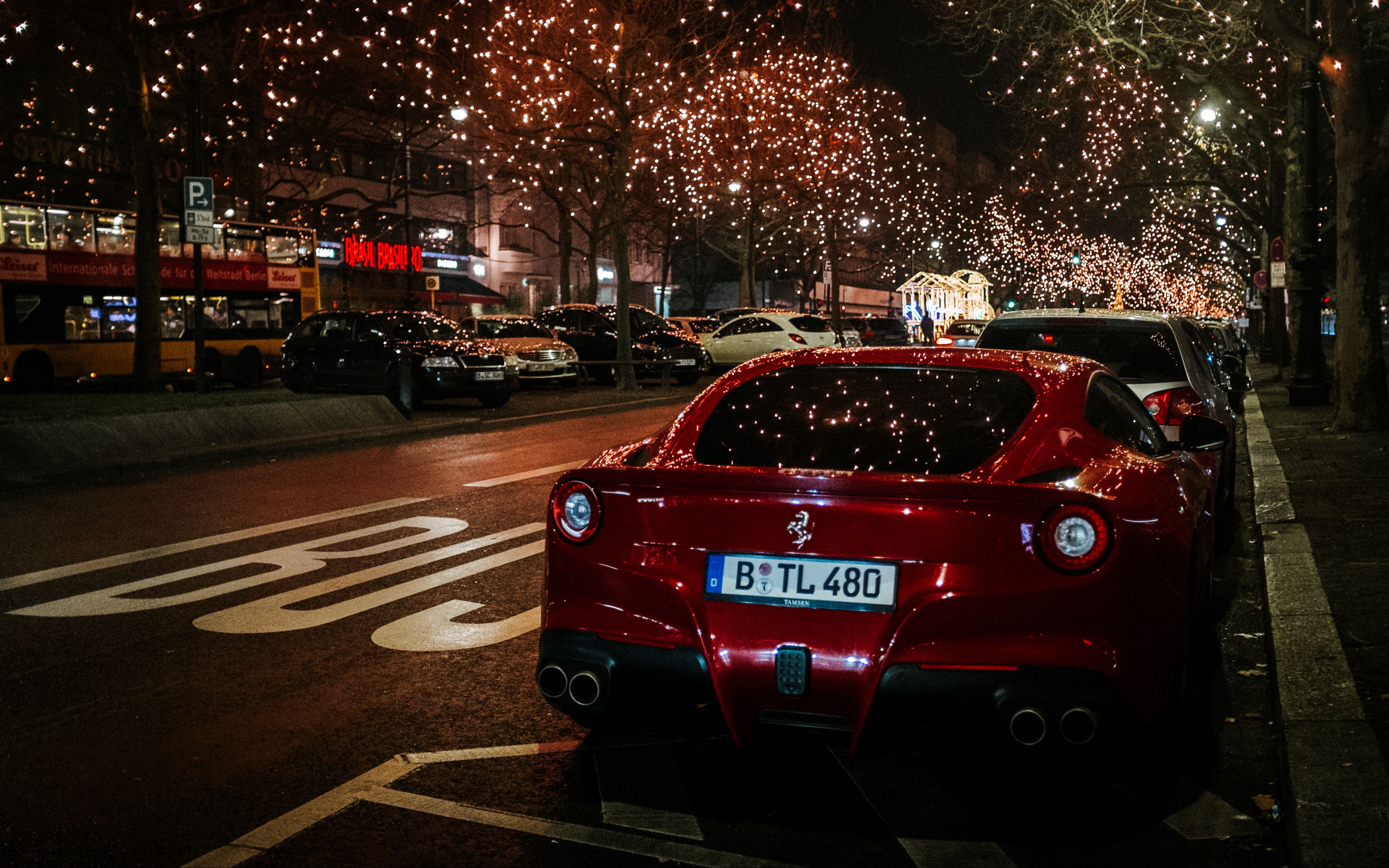 Download wallpaper 3840x2400 ferrari, rear view, red, night city, scenery 4k ultra HD 16:10 HD background