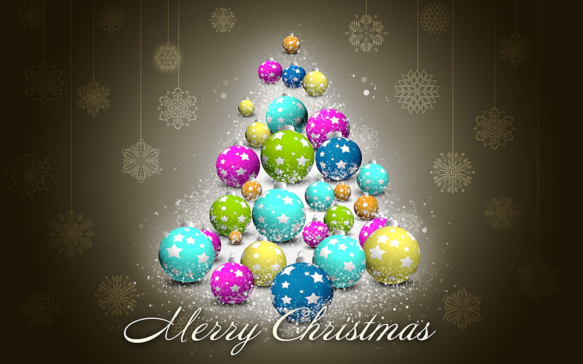 Create a Christmas greeting card with snowflakes and colorful ornaments in Photohop