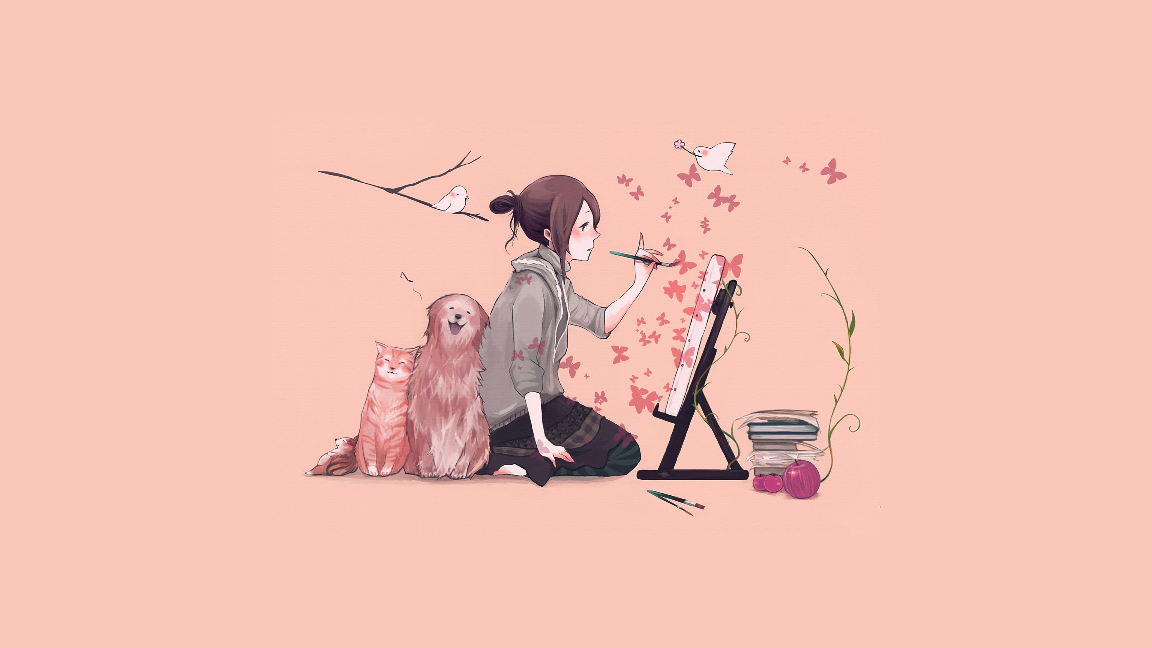 wallpaper for desktop, laptop. illustrator dog cat pink art illust
