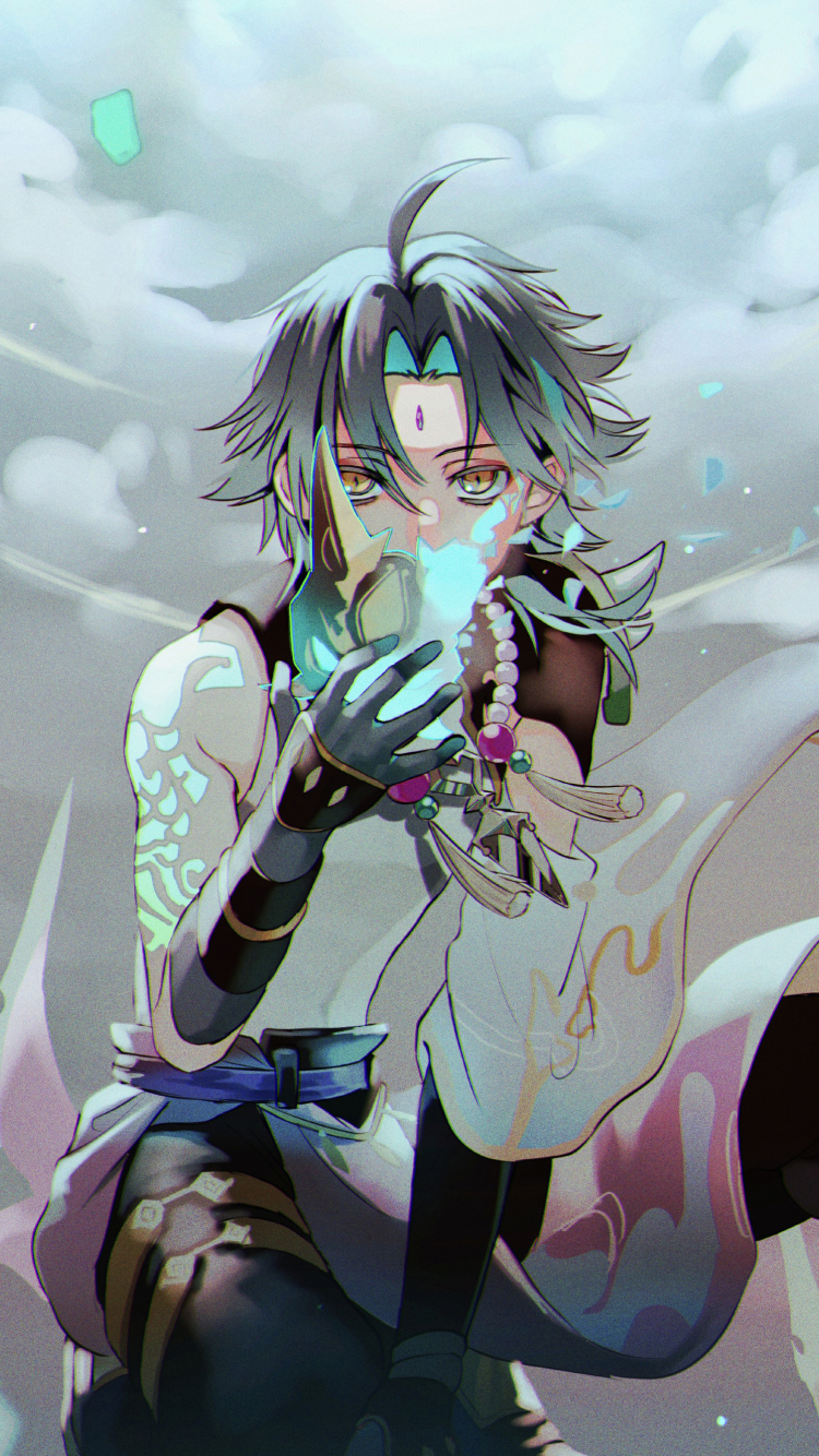 Download wallpaper 750x1334 anime, genshin impact, online game, character xiao, iphone 7, iphone 8, 750x1334 HD background, 26822