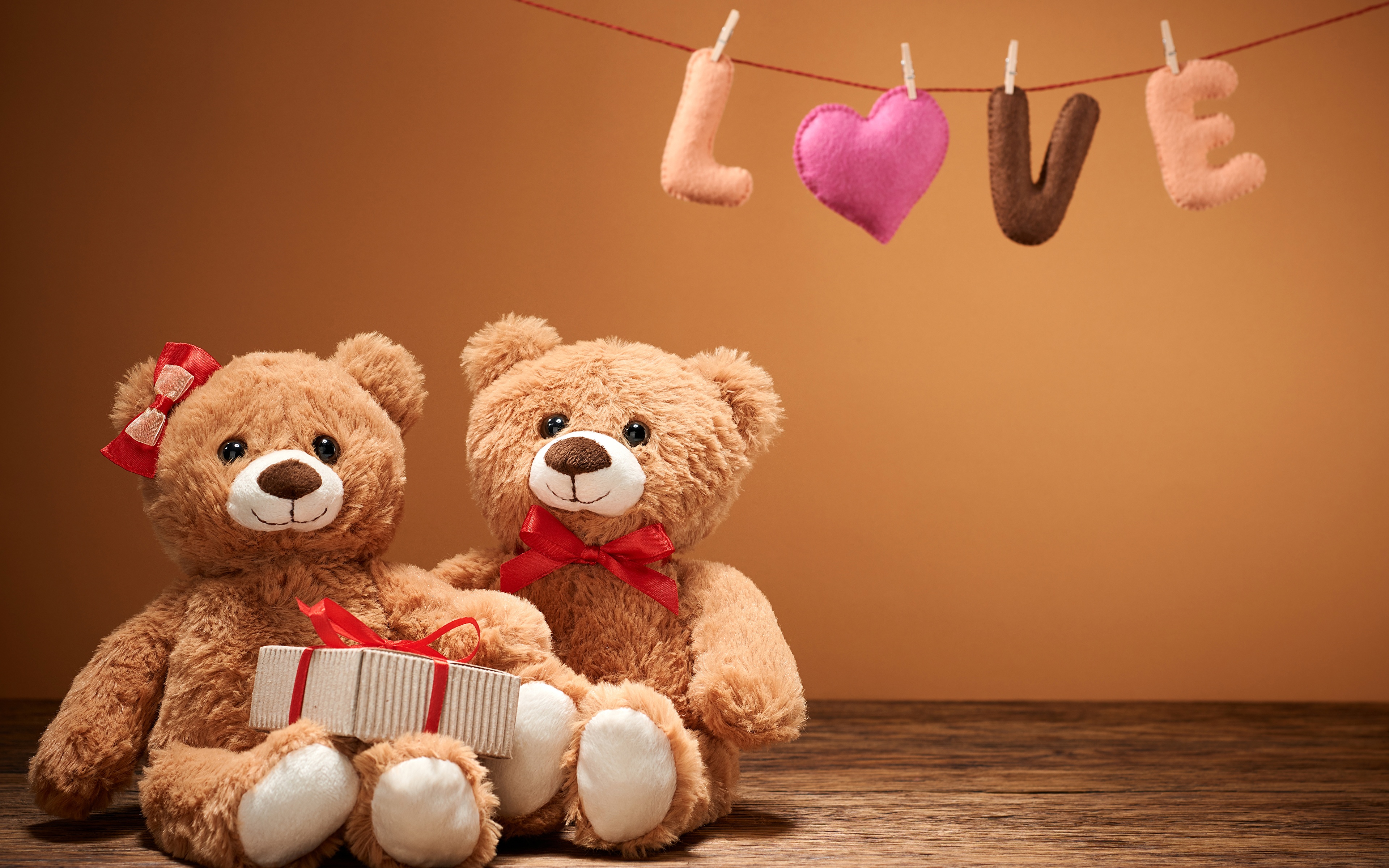 Desktop Wallpaper Heart Two present Teddy bear Toys 3840x2400