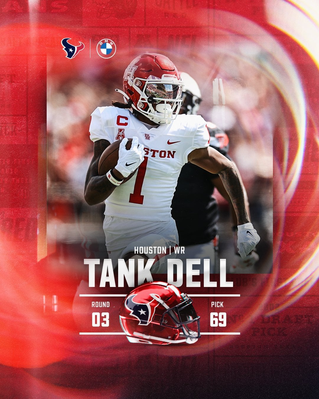 Houston Cougars Football's Tank Dell is staying in Houston! Drafted by the Houston Texans as the overall 69th pick in the 3rd round. Congratulations Tank Dell!