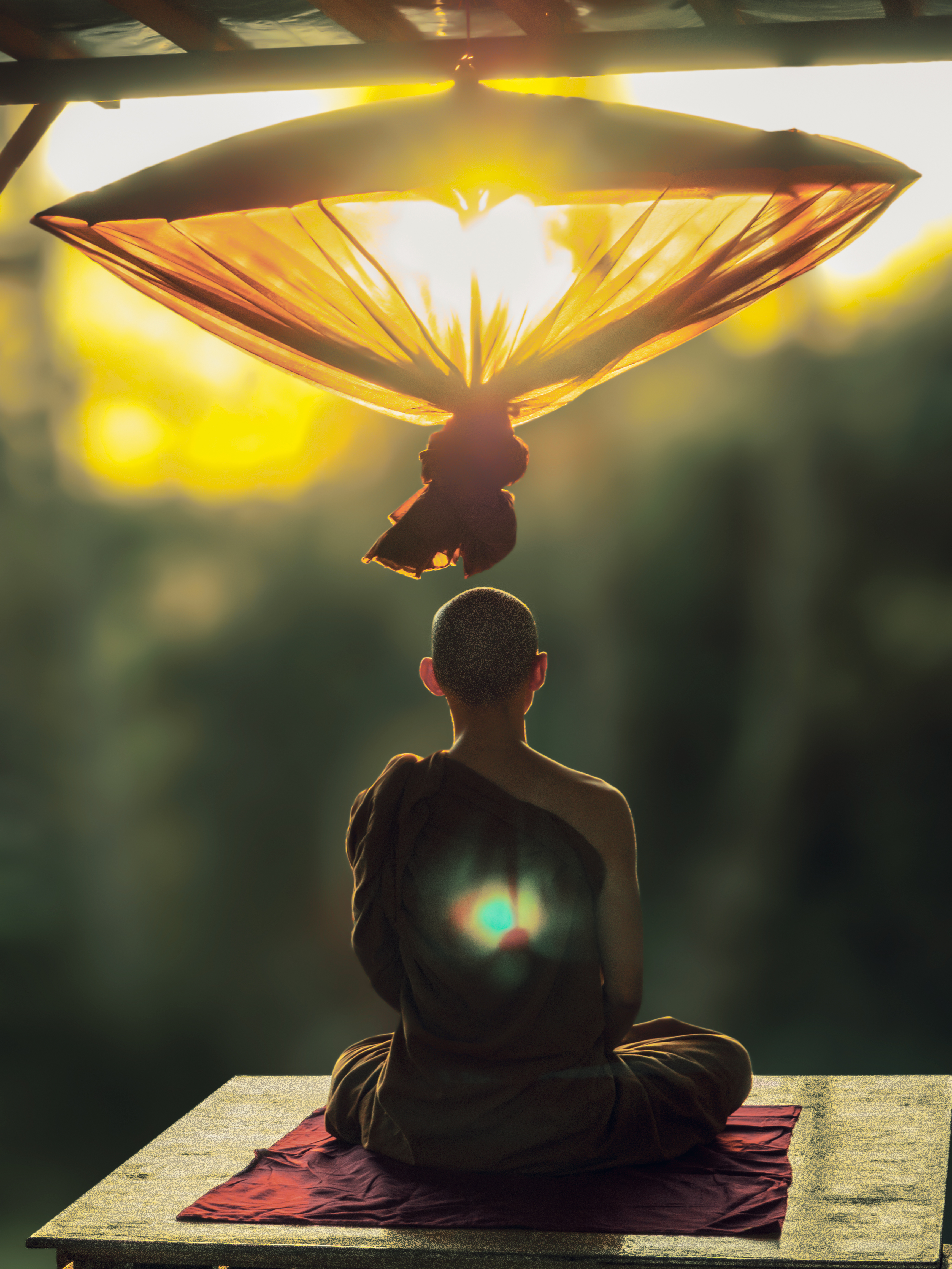 Free Image, monk, meditation, umbrella, buddhist, theravada buddhism, calm, peace, Tints and shades, art, lamp, symmetry, leisure, ceiling, automotive lighting, fashion accessory, darkness, metal, sitting, lampshade, light fixture, interior design