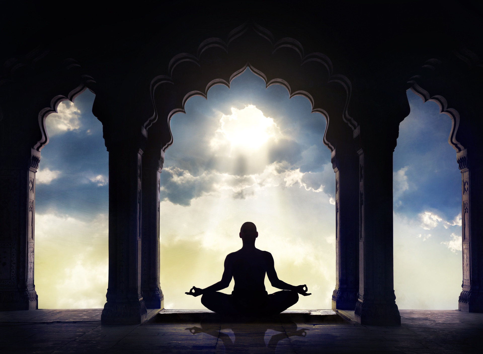 Download wallpaper shadows, monk, person, meditation, Buddhism, section miscellanea in resolution 1920x1408