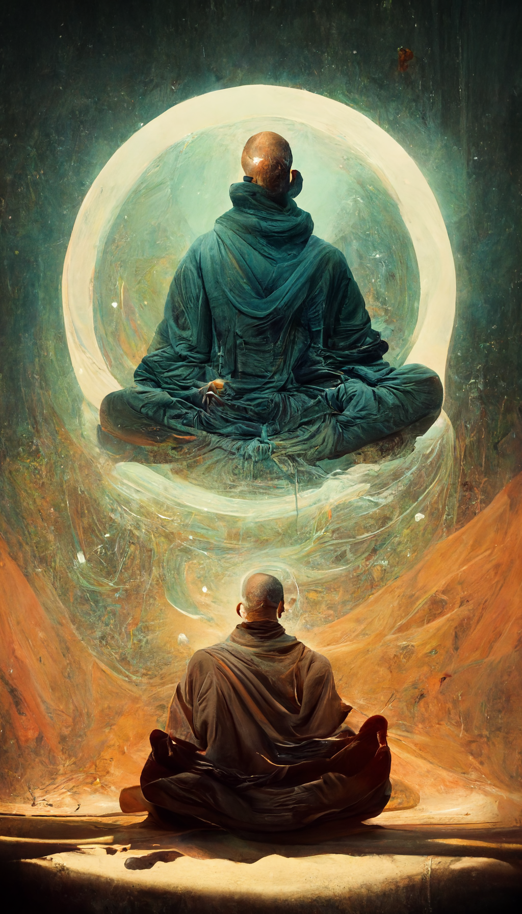 Midjourney prompt: humble monk meditating zen becoming