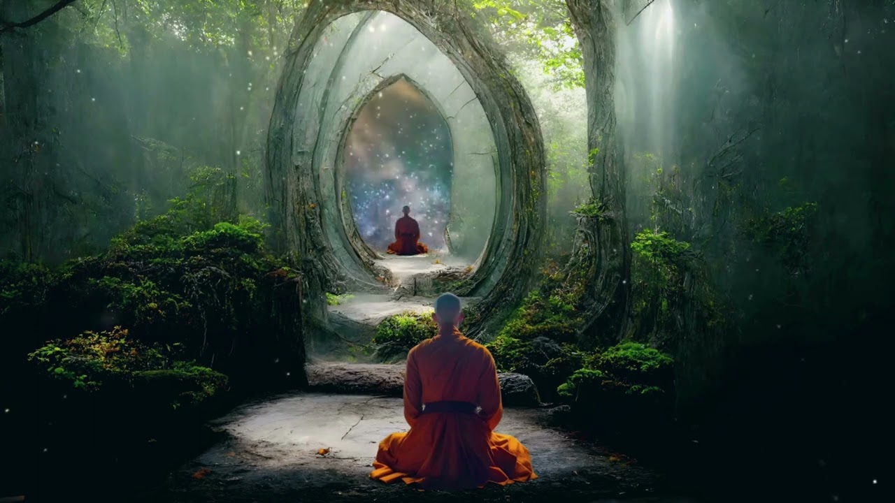 Tibetan Monk's Journey. Meditative Portal in Enchanted Forest