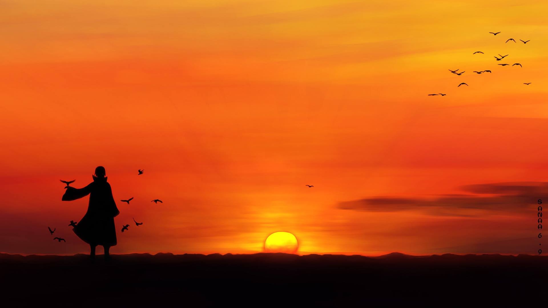 standing, anime, Naruto Shippuden, Uchiha Itachi, sunset, silhouette, birds, sky, Sunx1080 Wallpaper