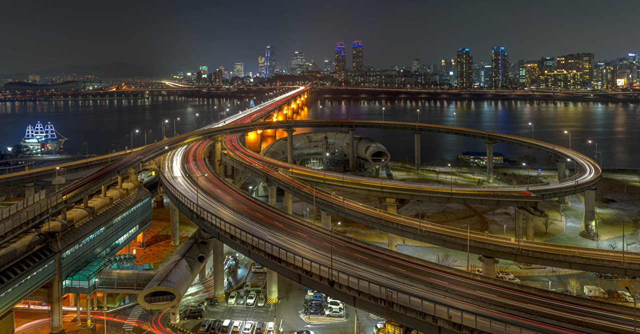 Wallpaper Cities South Korea bridge Roads river Seoul Houses night