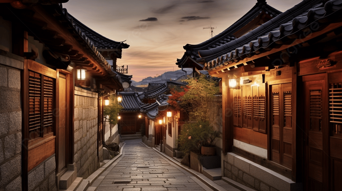 Narrow Street Of Traditional Buildings In Seoul Background, Bukchon Hanok Village Seoul South Korea, HD Photography Photo, Sky Background Image And Wallpaper for Free Download