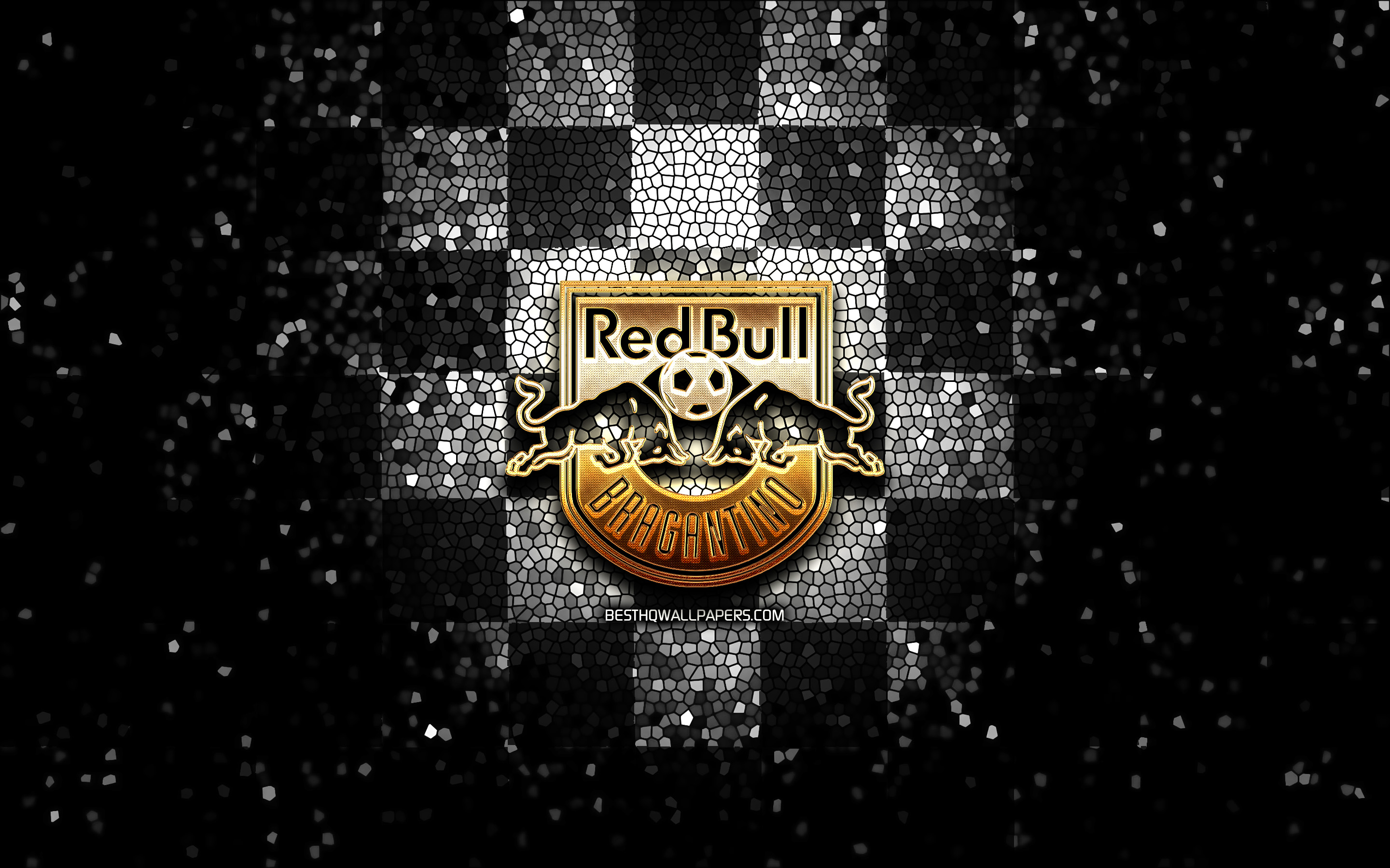 Download wallpaper Red Bull Bragantino FC, glitter logo, Serie A, black white checkered background, soccer, Red Bull Bragantino, brazilian football club, Red Bull Bragantino logo, mosaic art, football, Brazil, RB Bragantino for