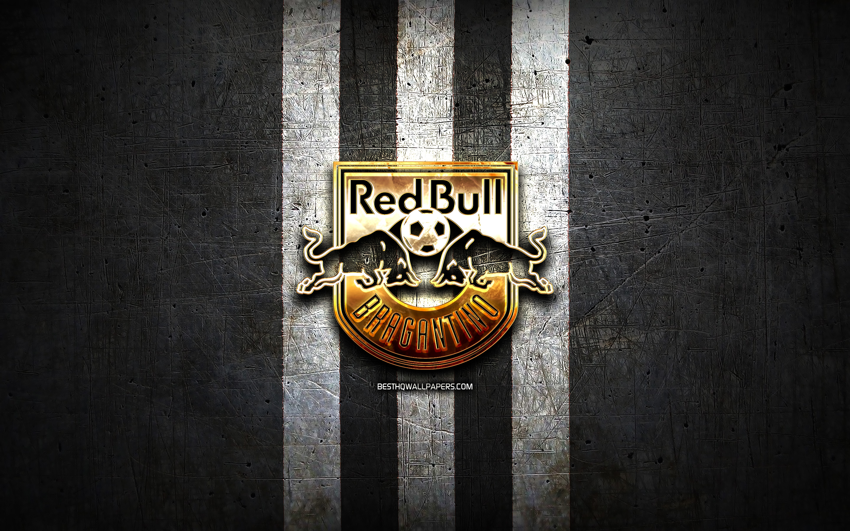 Download wallpaper Red Bull Bragantino FC, golden logo, Serie A, black metal background, football, Red Bull Bragantino, brazilian football club, Bragantino logo, soccer, Brazil, RB Bragantino for desktop with resolution 2880x1800. High