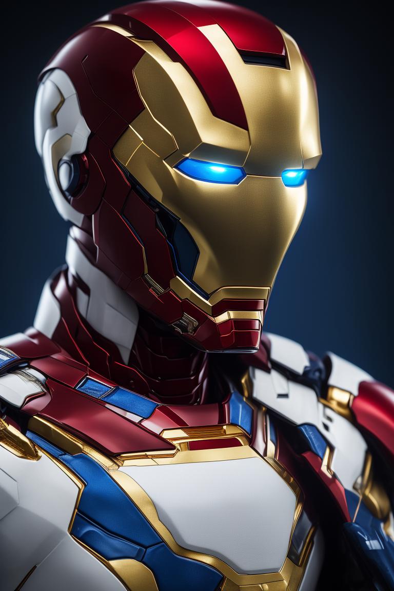 Hard Chough87: The Portrait Of Robert Downey Jr., Ceramic Iron Man Armor, ((((white Red Blue Gold)))), High Detail, 4k, Sharp Focus, High Resolution