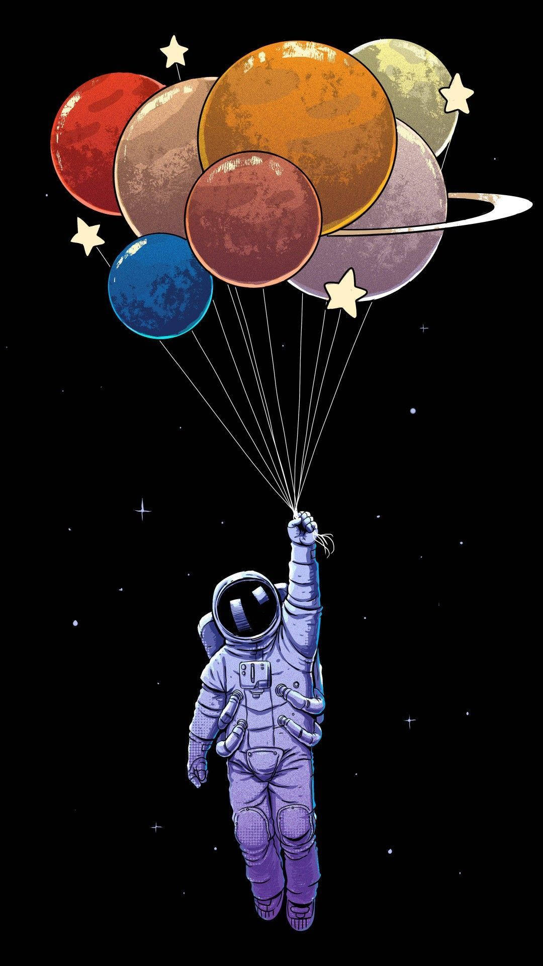 Download Cartoon Astronaut With Planet Balloons Wallpaper