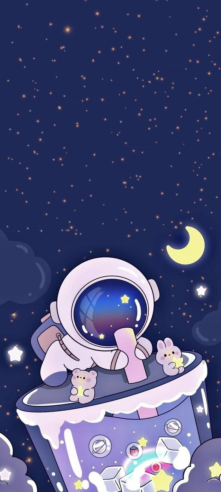 Download Cartoon Astronaut Sipping From Large Cup Wallpaper